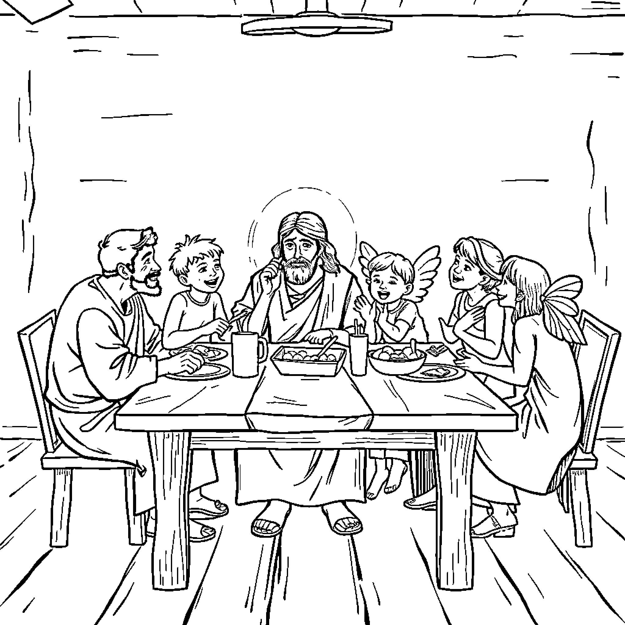 Jesus Sharing a Meal with His Disciples Coloring Page (free black-and-white line drawing printable PDF for all, from beginners to advanced learners, including children, teens, adults, and seniors)