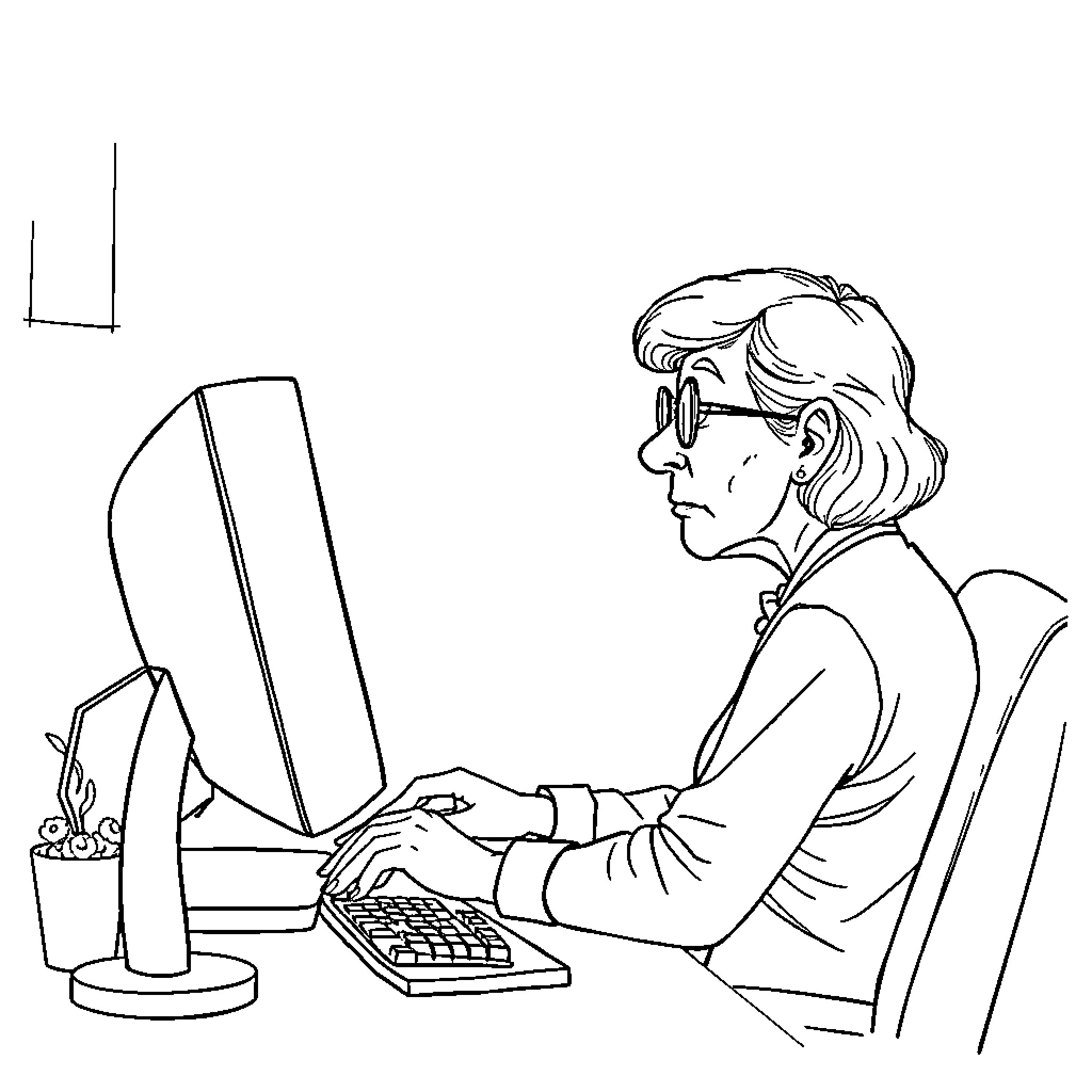Lady working diligently on computer in office Coloring Page (free black-and-white line drawing printable PDF for all, from beginners to advanced learners, including children, teens, adults, and seniors)