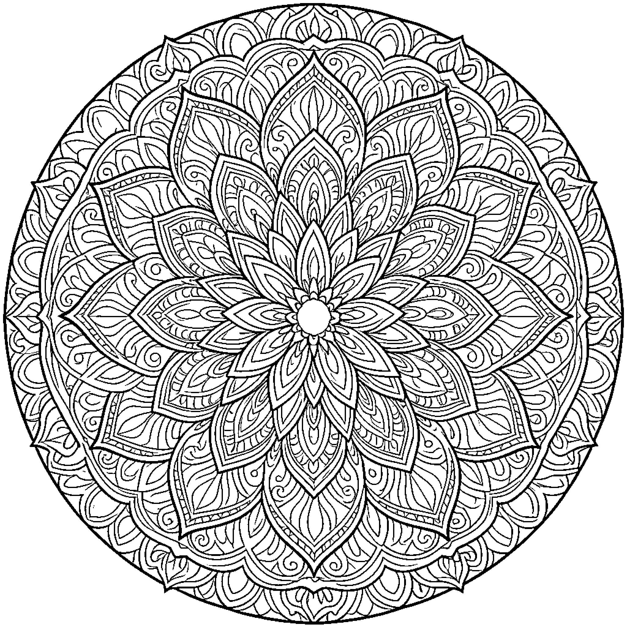 Mandala of intricate floral patterns Coloring Page (free black-and-white line drawing printable PDF for all, from beginners to advanced learners, including children, teens, adults, and seniors)