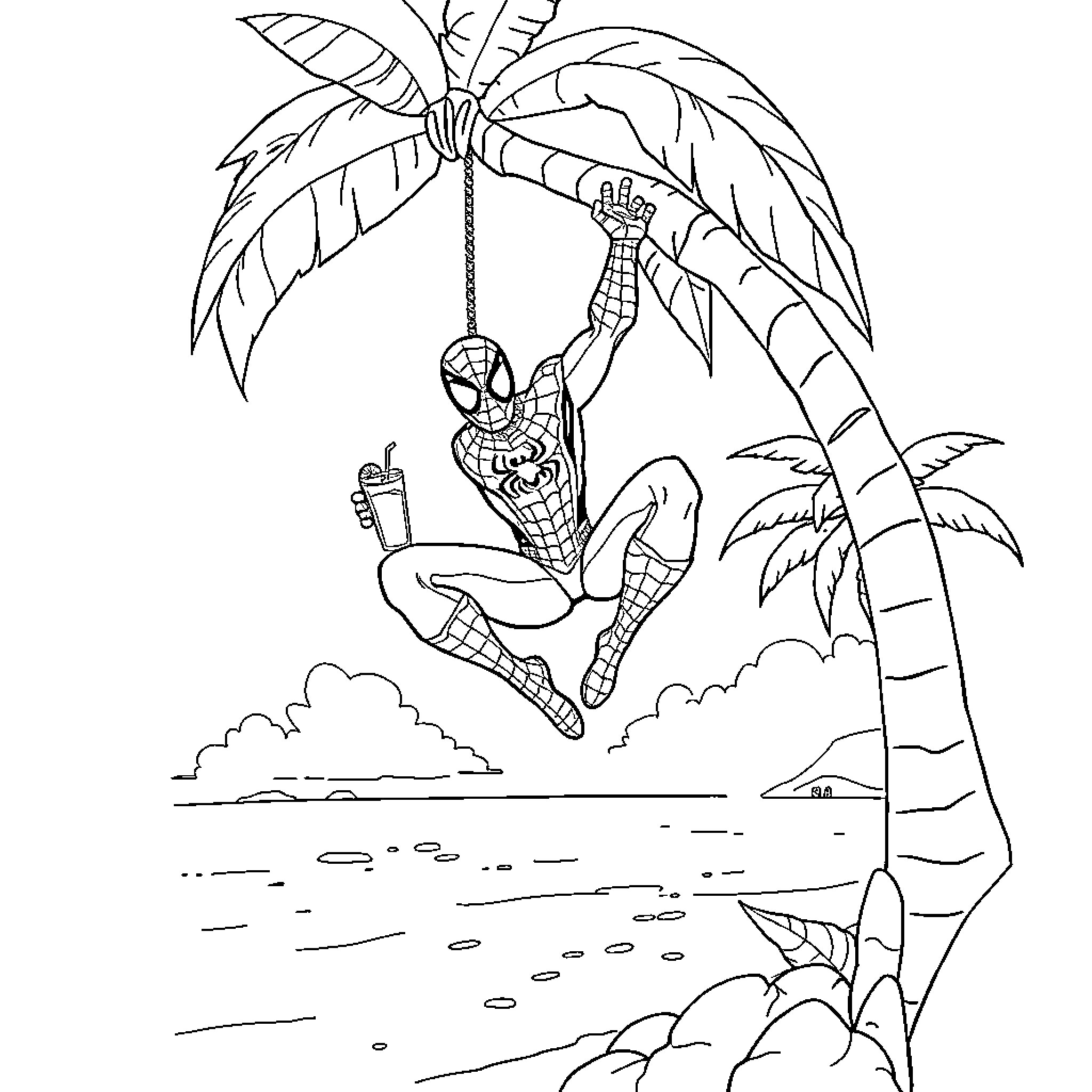 Spiderman swinging from a palm tree by the beach Coloring Page (free black-and-white line drawing printable PDF for all, from beginners to advanced learners, including children, teens, adults, and seniors)
