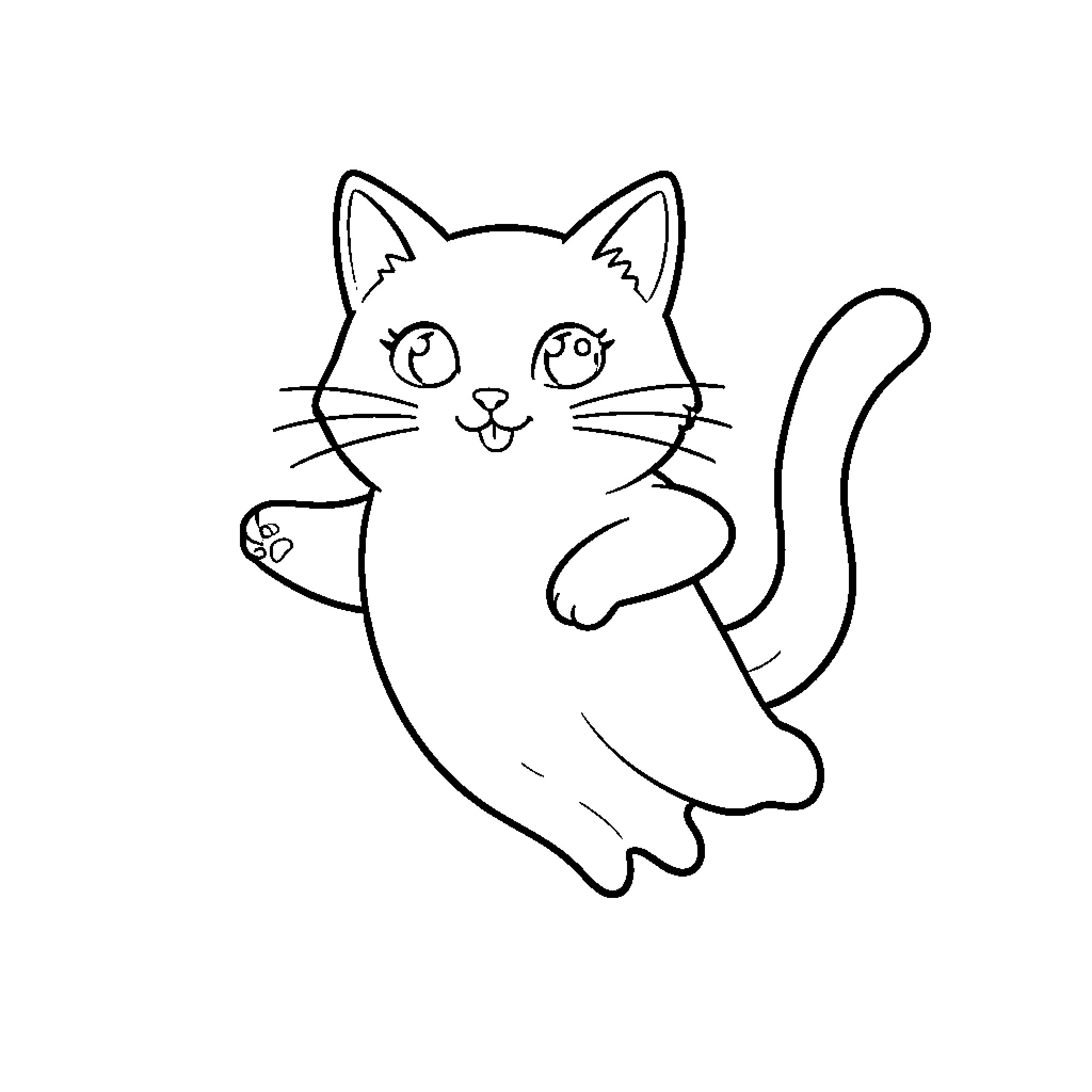 Catghost playfully stretching in the air Coloring Page (free black-and-white line drawing printable PDF for all, from beginners to advanced learners, including children, teens, adults, and seniors)