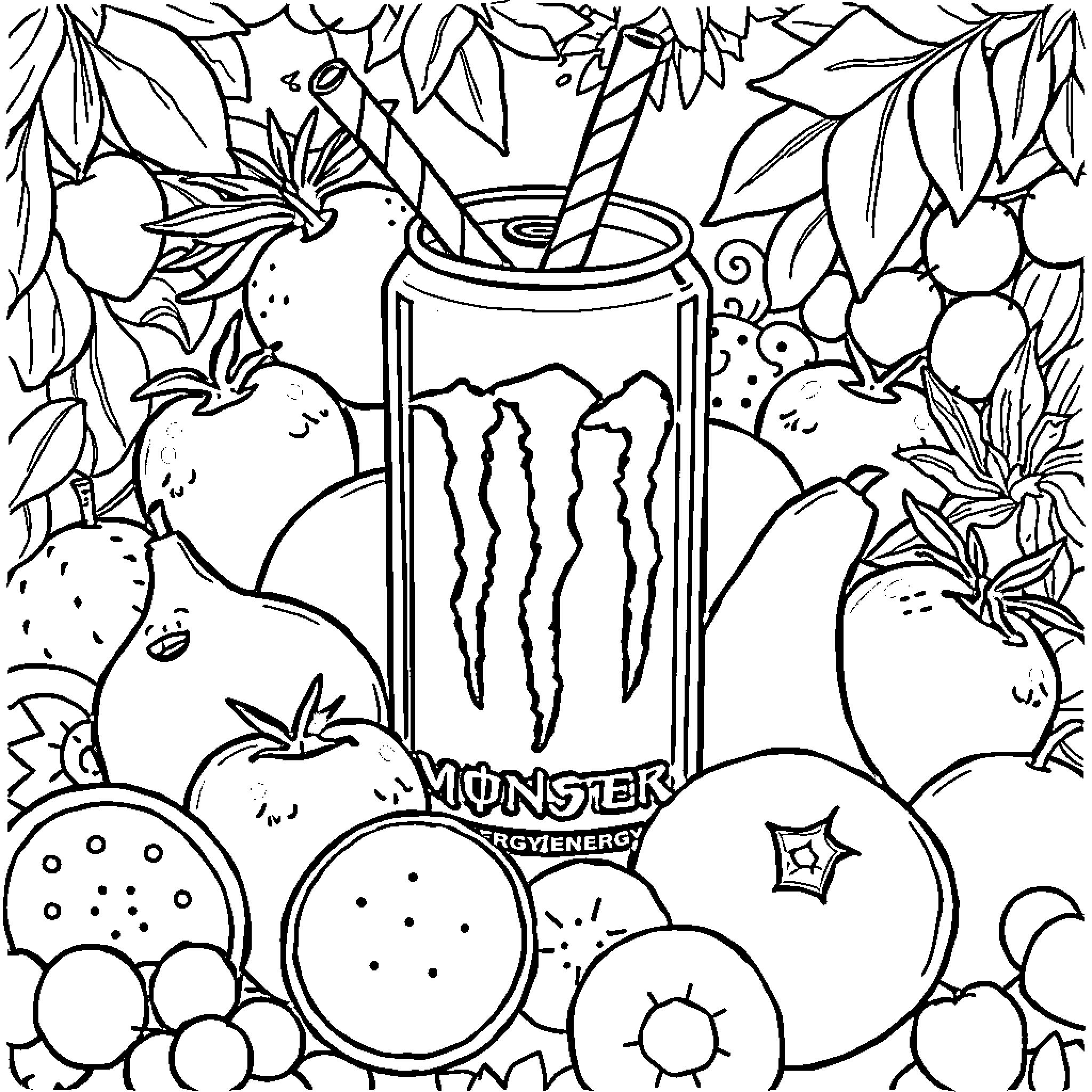 Monster energy drink and tropical fruits Coloring Page (free black-and-white line drawing printable PDF for all, from beginners to advanced learners, including children, teens, adults, and seniors)