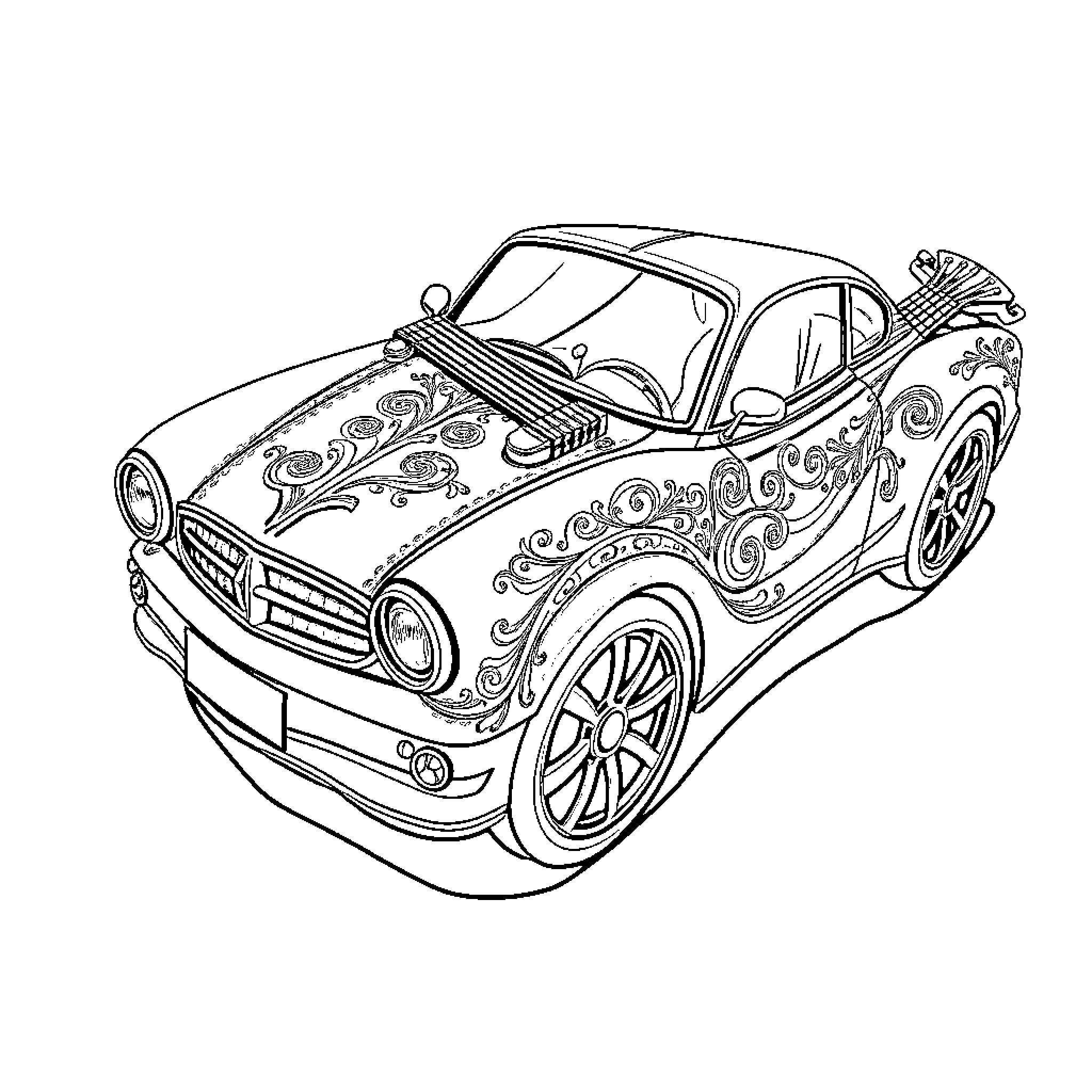 Guitar-themed vintage car with intricate patterns Coloring Page (free black-and-white line drawing printable PDF for all, from beginners to advanced learners, including children, teens, adults, and seniors)