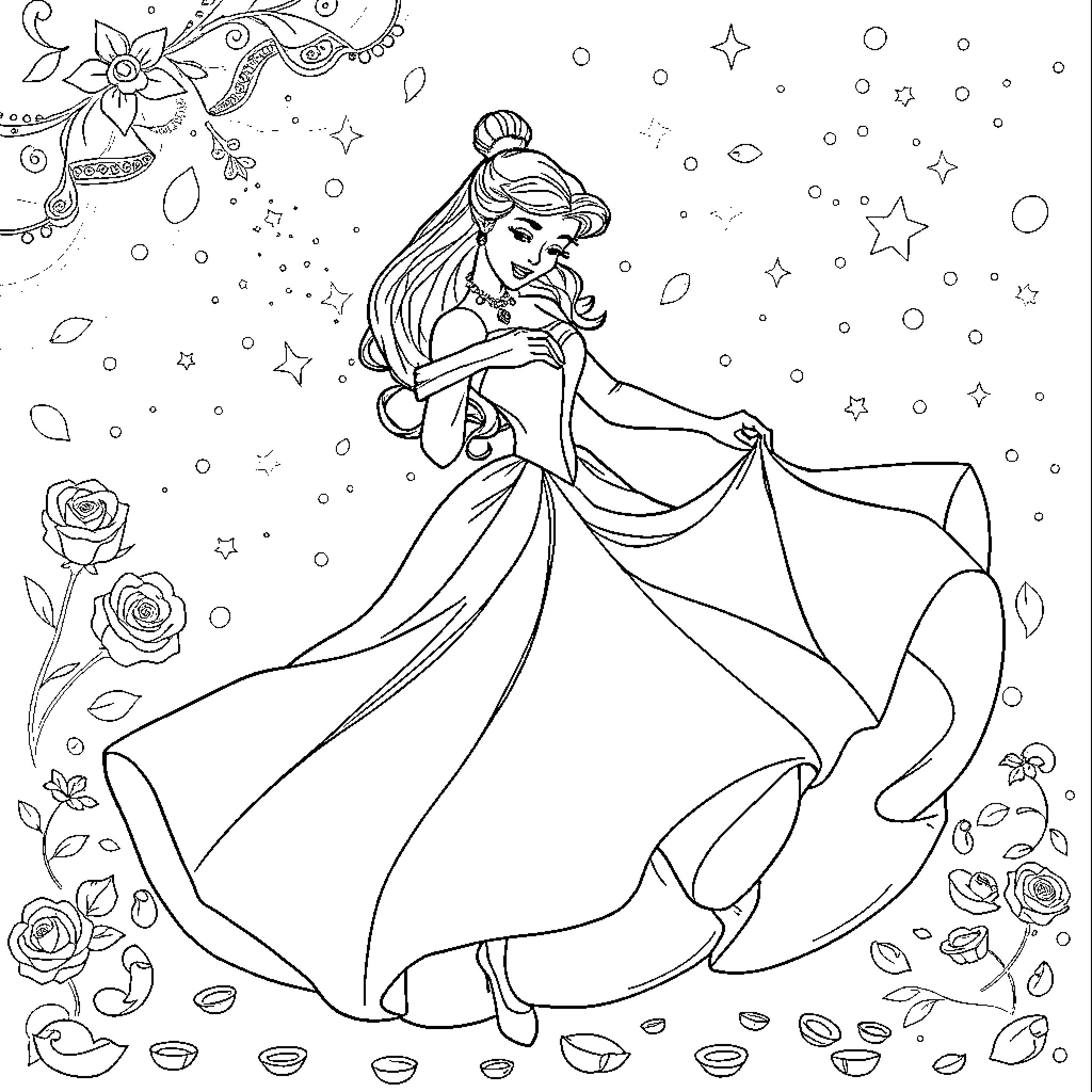 Belle's Enchanting Fairy Tale Adventure Coloring Page (free black-and-white line drawing printable PDF for all, from beginners to advanced learners, including children, teens, adults, and seniors)