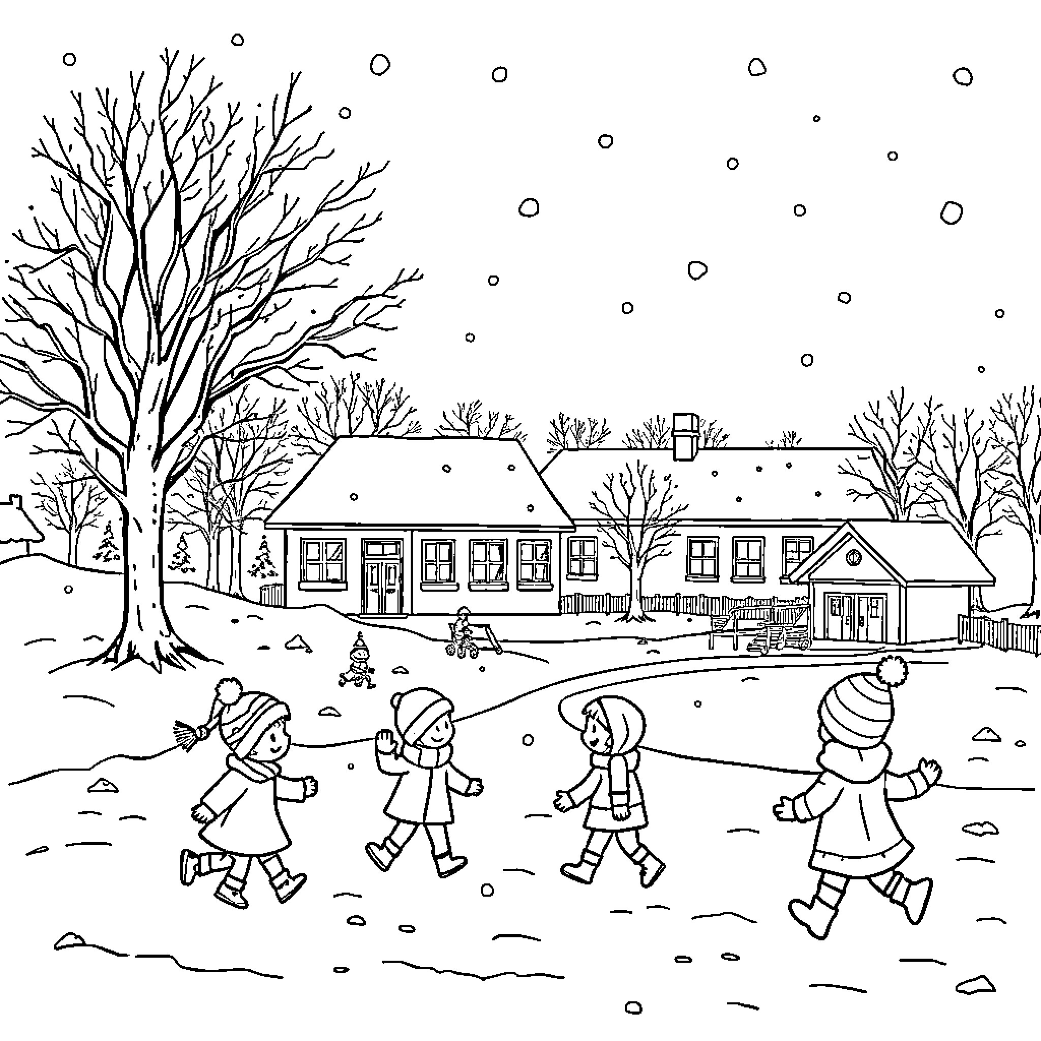 School children playing joyfully in the snowy schoolyard Coloring Page (free black-and-white line drawing printable PDF for all, from beginners to advanced learners, including children, teens, adults, and seniors)