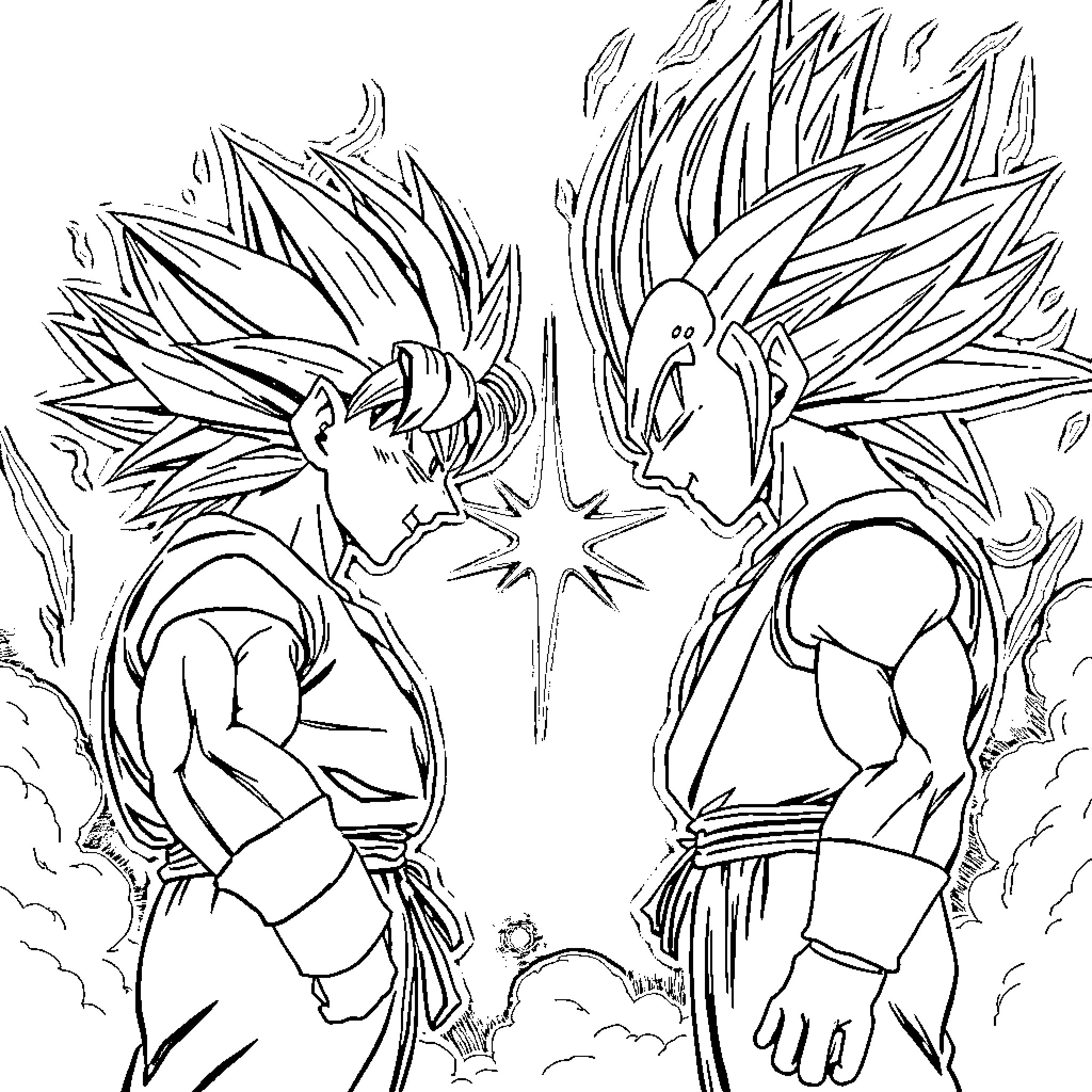 Goku and Vegeta's Explosive Battle Coloring Page (free black-and-white line drawing printable PDF for all, from beginners to advanced learners, including children, teens, adults, and seniors)