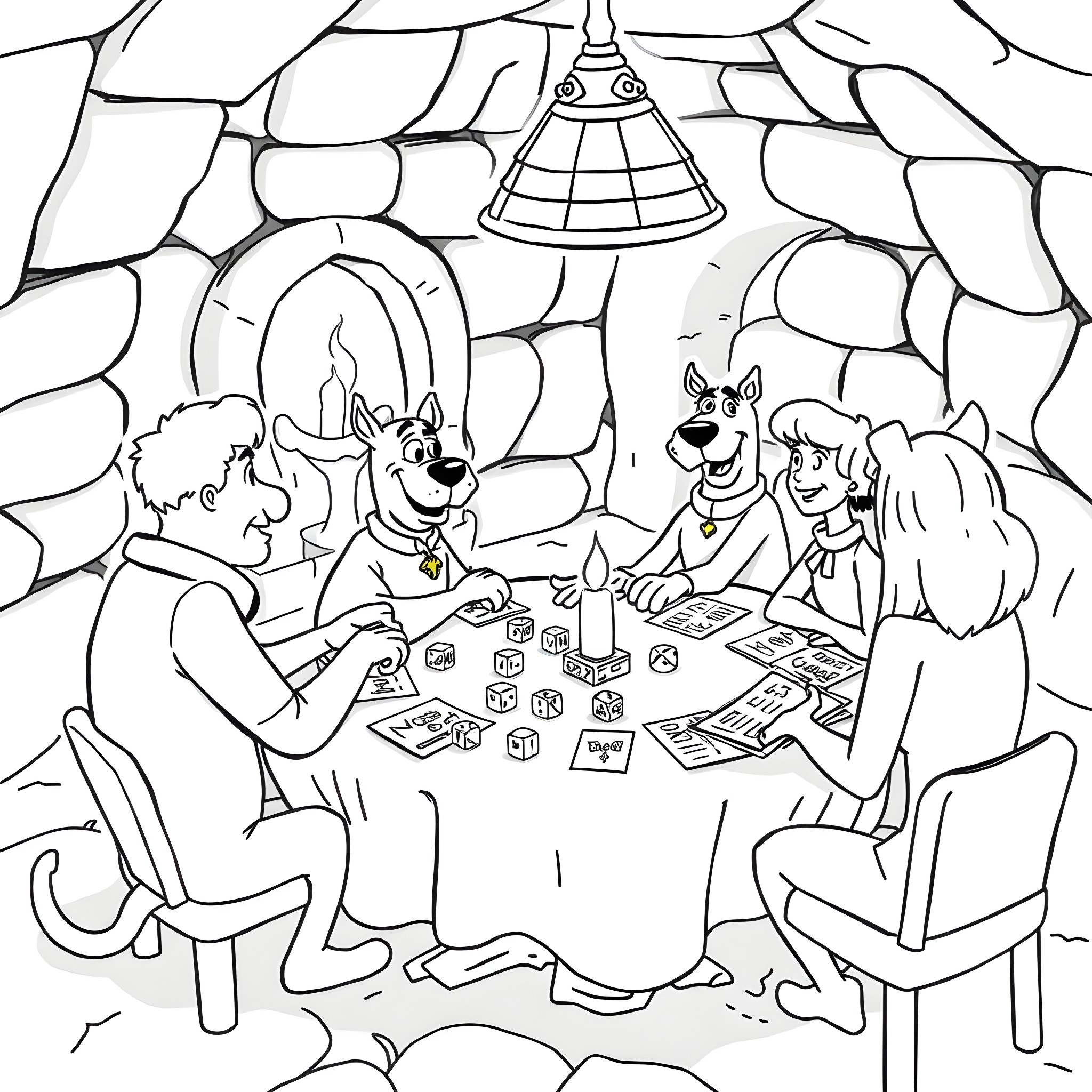 Scooby Doo gang playing a game together in a cave Coloring Page (free black-and-white line drawing printable PDF for all, from beginners to advanced learners, including children, teens, adults, and seniors)