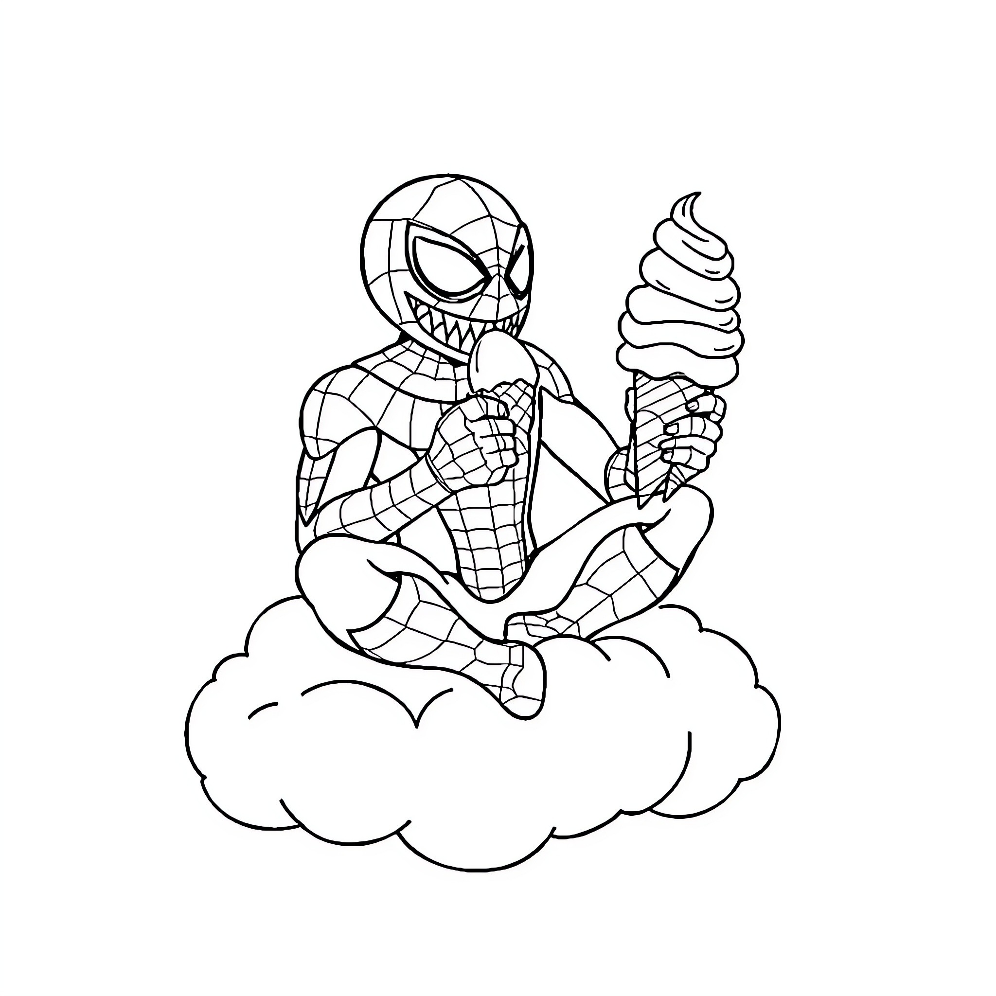 Spiderman enjoying an ice cream on a cloud Coloring Page (free black-and-white line drawing printable PDF for all, from beginners to advanced learners, including children, teens, adults, and seniors)
