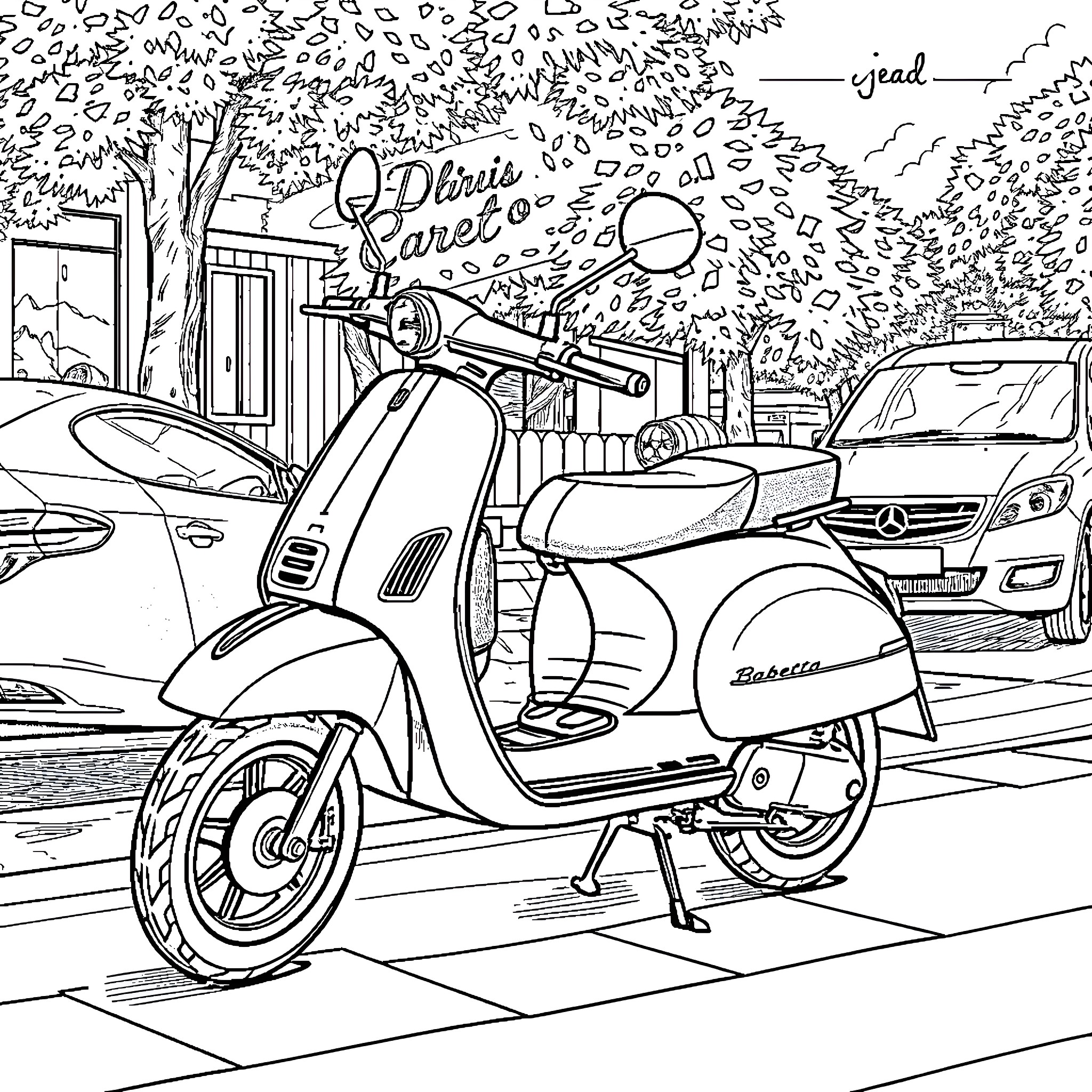 Babetta 207: Scooter in the City Coloring Page (free black-and-white line drawing printable PDF for all, from beginners to advanced learners, including children, teens, adults, and seniors)