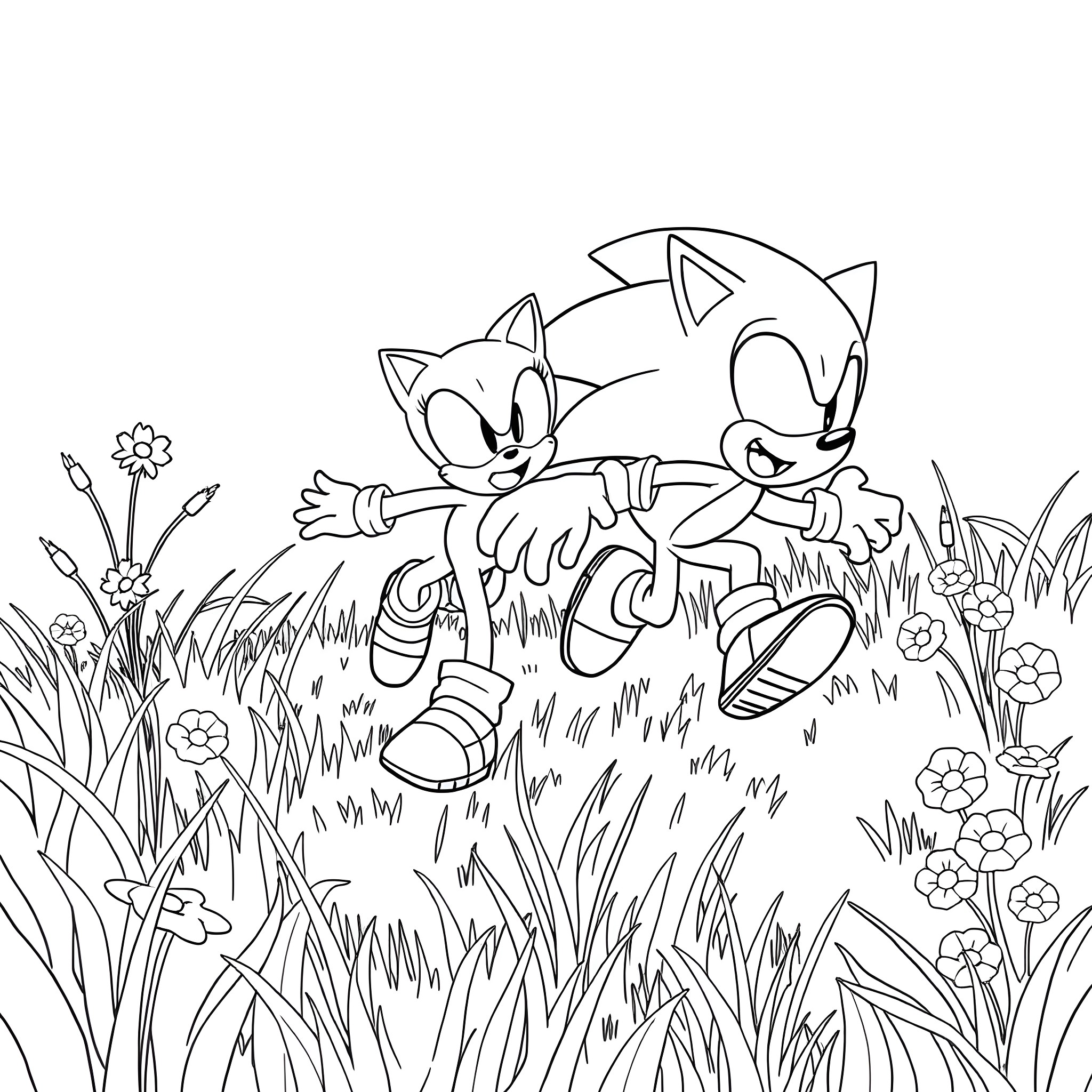 Sonic and friends chasing each other playfully in the grass Coloring Page (free black-and-white line drawing printable PDF for all, from beginners to advanced learners, including children, teens, adults, and seniors)