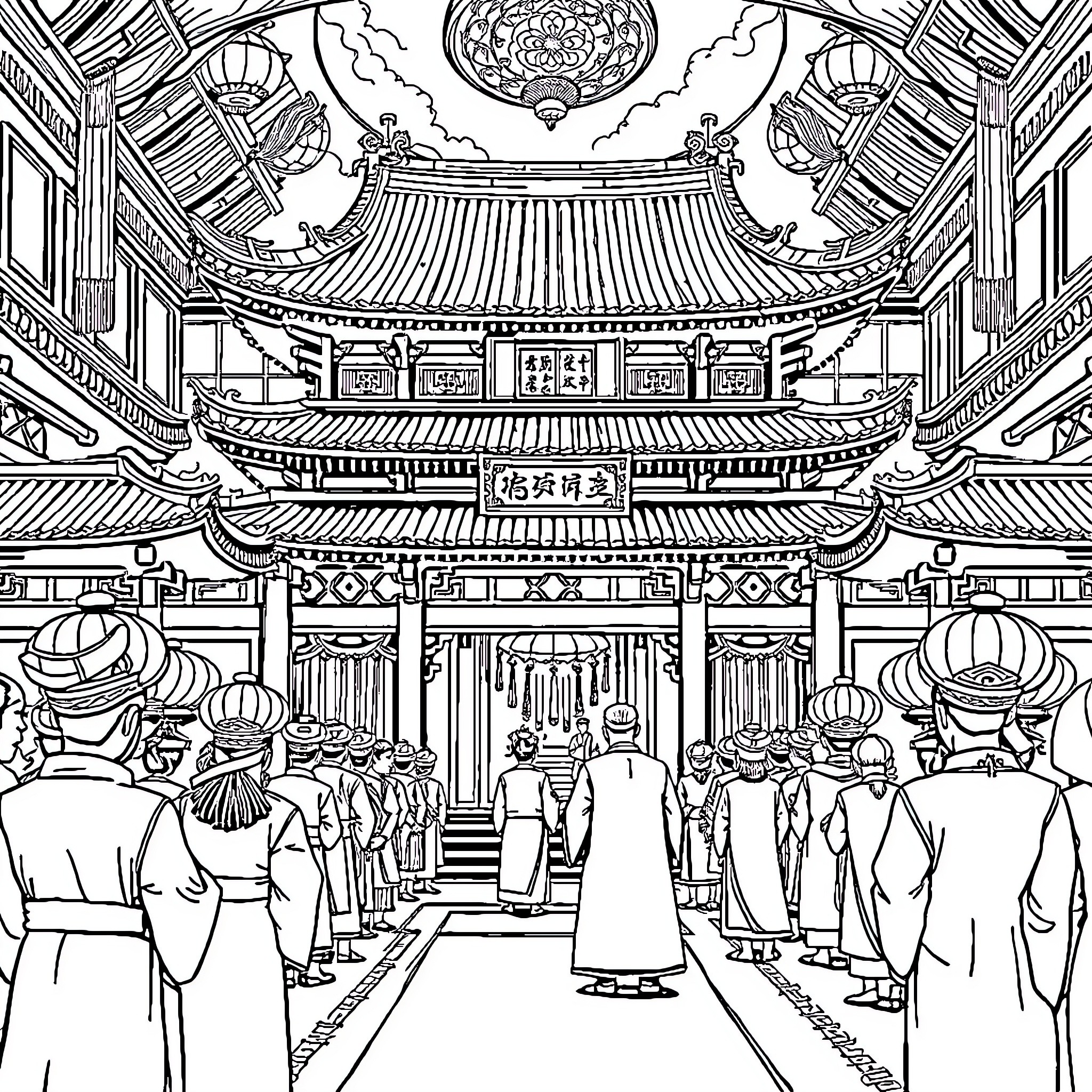 Chinese cultural festival with ornate architecture Coloring Page (free black-and-white line drawing printable PDF for all, from beginners to advanced learners, including children, teens, adults, and seniors)