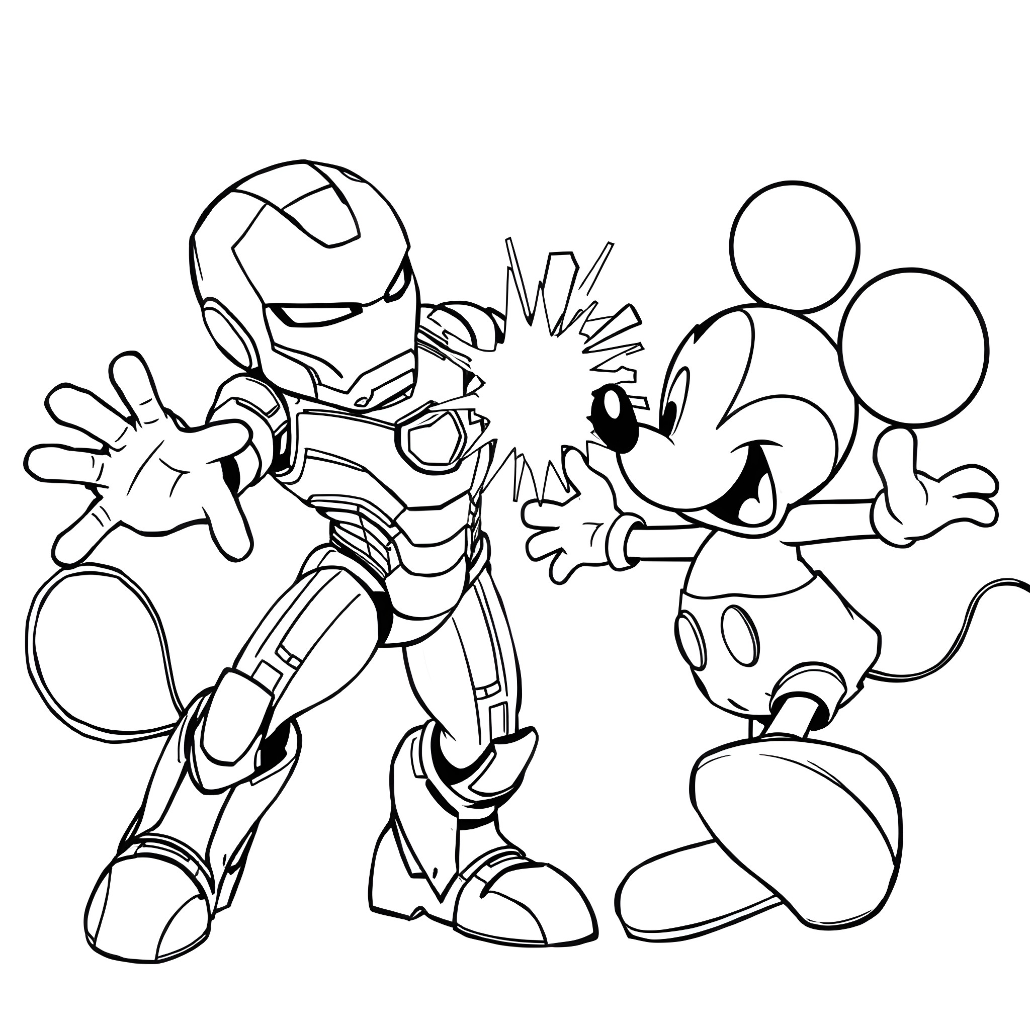 Iron Man Battles with Cartoon Character Coloring Page (free black-and-white line drawing printable PDF for all, from beginners to advanced learners, including children, teens, adults, and seniors)