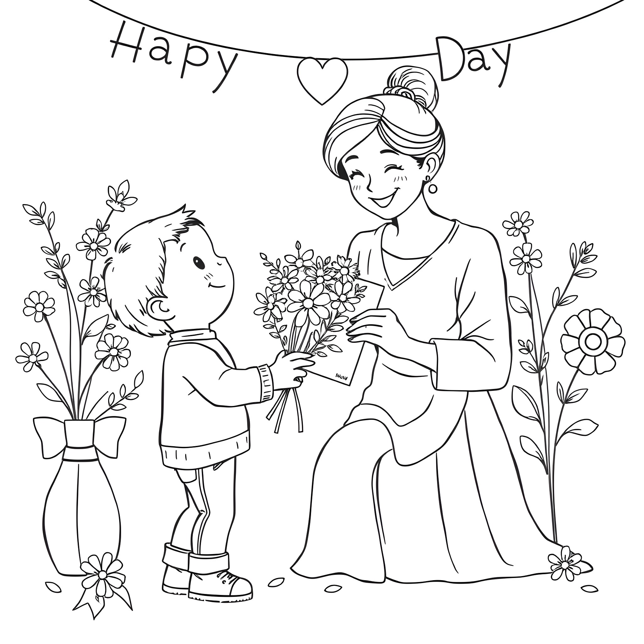Mother Receives Flowers From Son on Happy Day Coloring Page (free black-and-white line drawing printable PDF for all, from beginners to advanced learners, including children, teens, adults, and seniors)