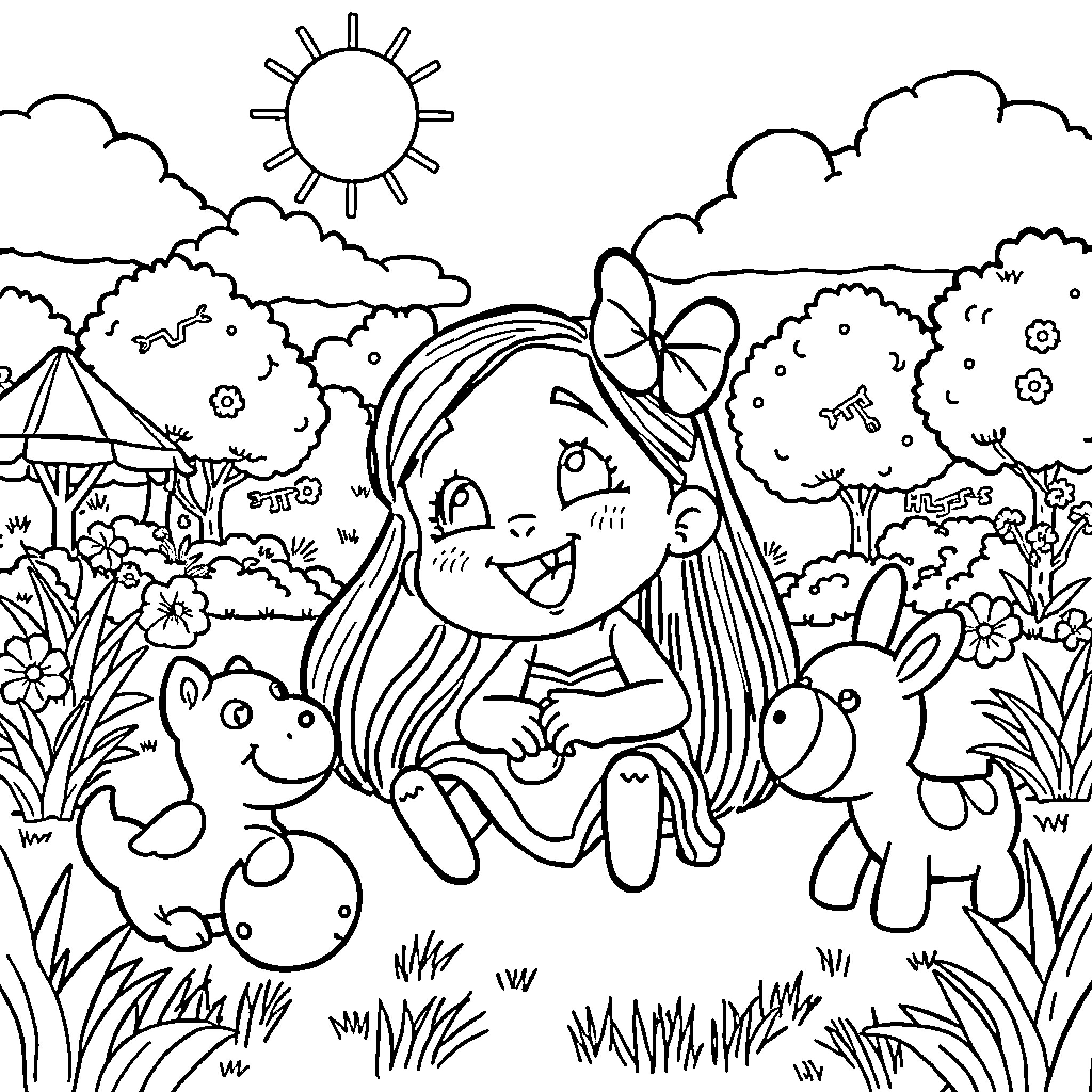Lilo playing happily with bunnies in a lush garden Coloring Page (free black-and-white line drawing printable PDF for all, from beginners to advanced learners, including children, teens, adults, and seniors)