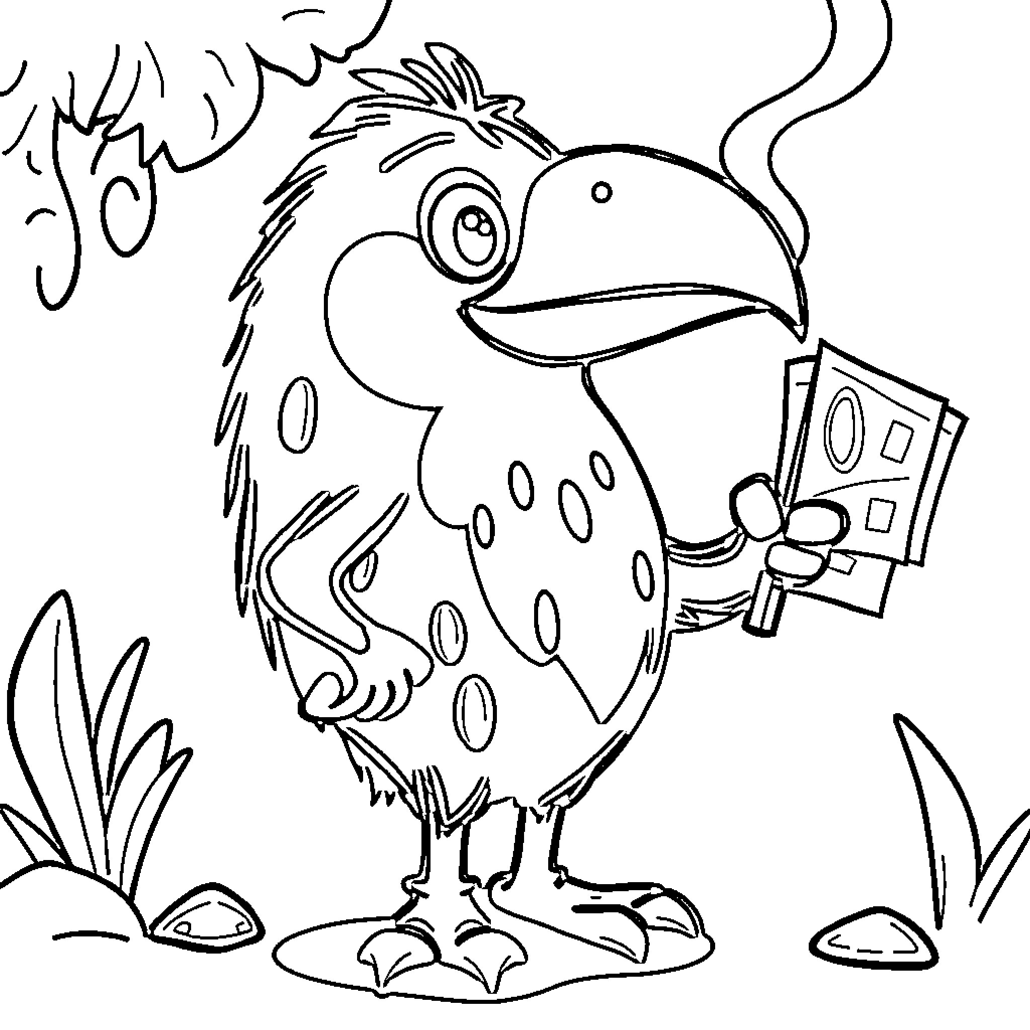 Tio Rico's Tropical Bird with Book Coloring Page (free black-and-white line drawing printable PDF for all, from beginners to advanced learners, including children, teens, adults, and seniors)