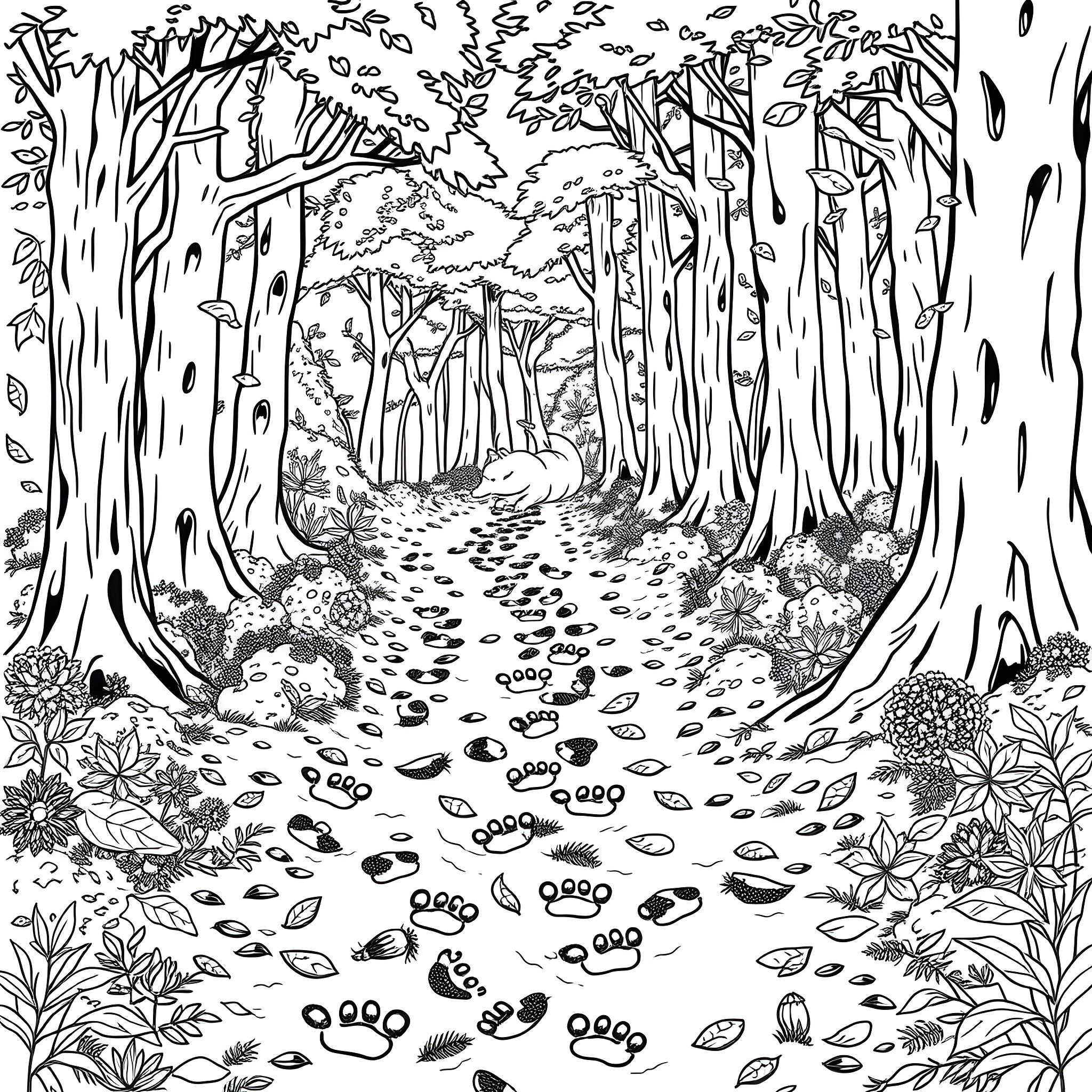 Animal Footprint in the Enchanted Forest Coloring Page (free black-and-white line drawing printable PDF for all, from beginners to advanced learners, including children, teens, adults, and seniors)