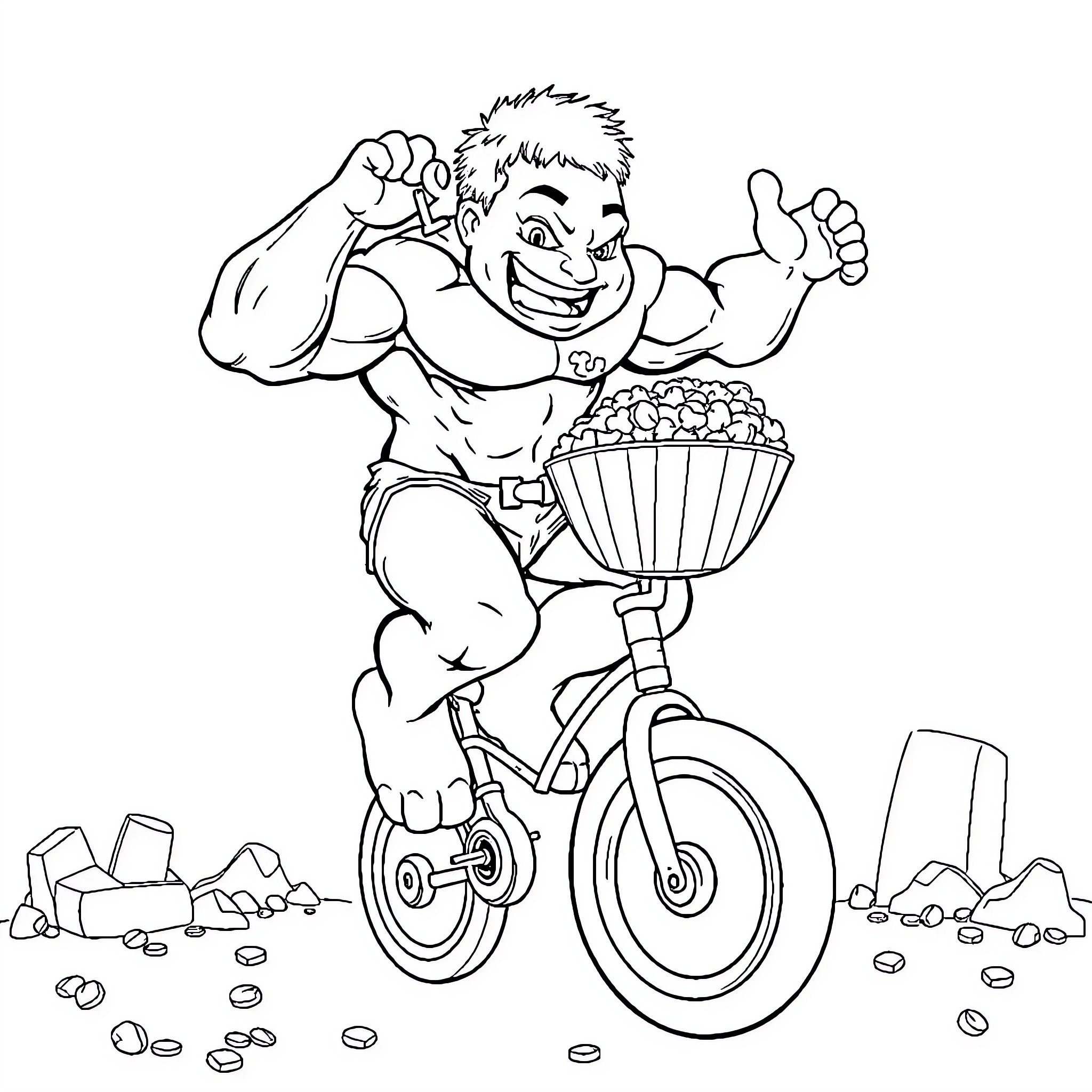 Hulk riding bicycle with popcorn basket Coloring Page (free black-and-white line drawing printable PDF for all, from beginners to advanced learners, including children, teens, adults, and seniors)