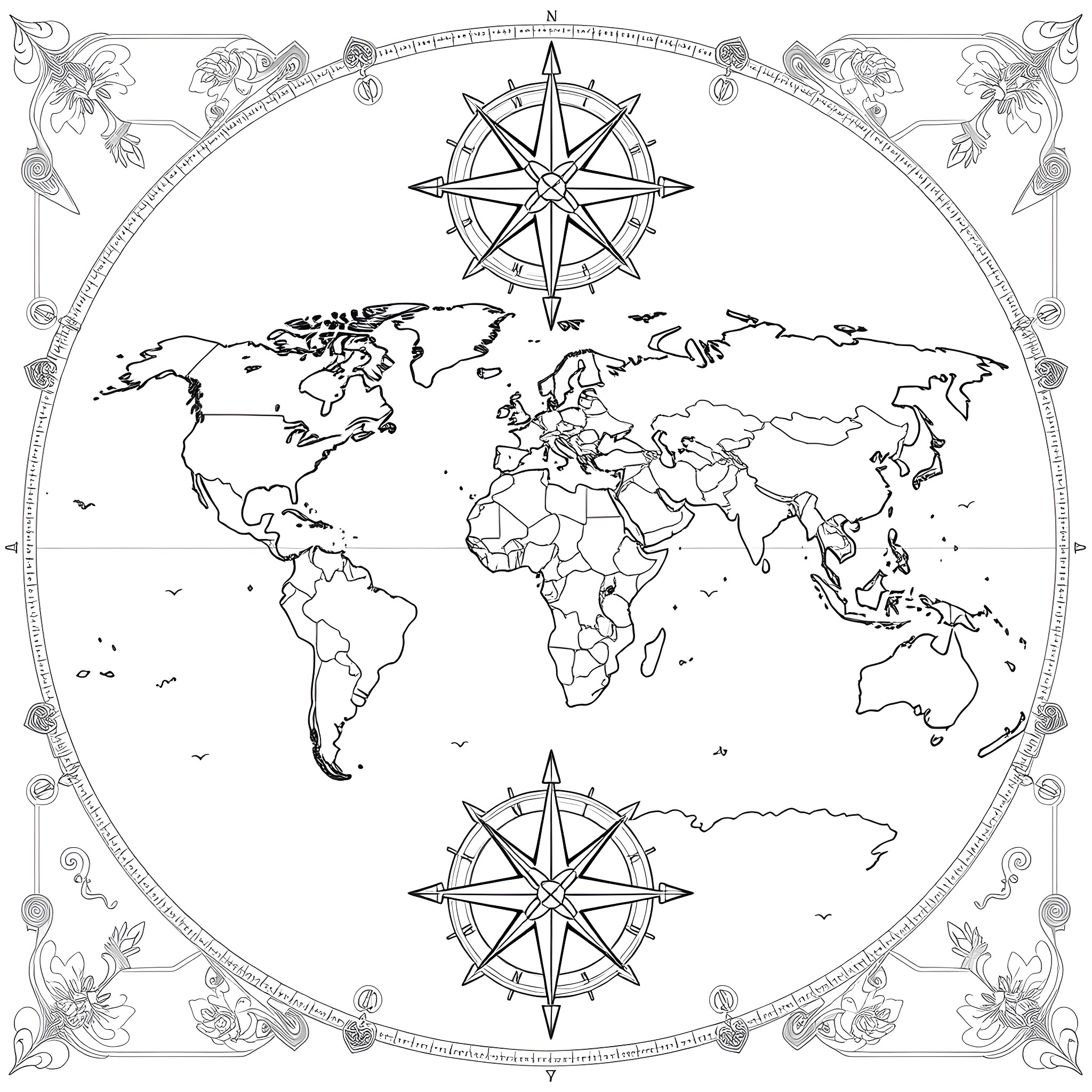 World Map with Detailed Compass Designs Coloring Page (free black-and-white line drawing printable PDF for all, from beginners to advanced learners, including children, teens, adults, and seniors)