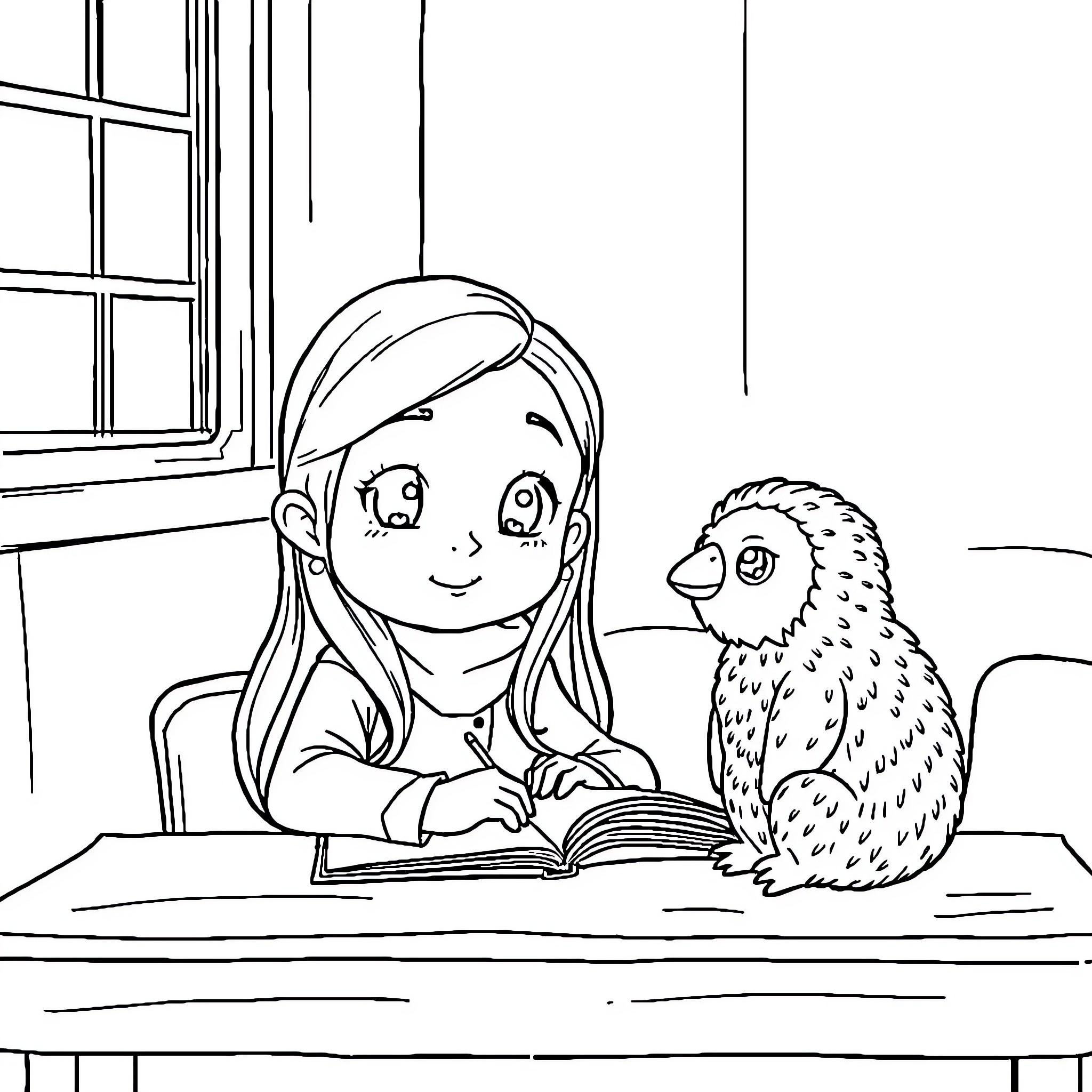 Fille reading book with pet owl Coloring Page (free black-and-white line drawing printable PDF for all, from beginners to advanced learners, including children, teens, adults, and seniors)
