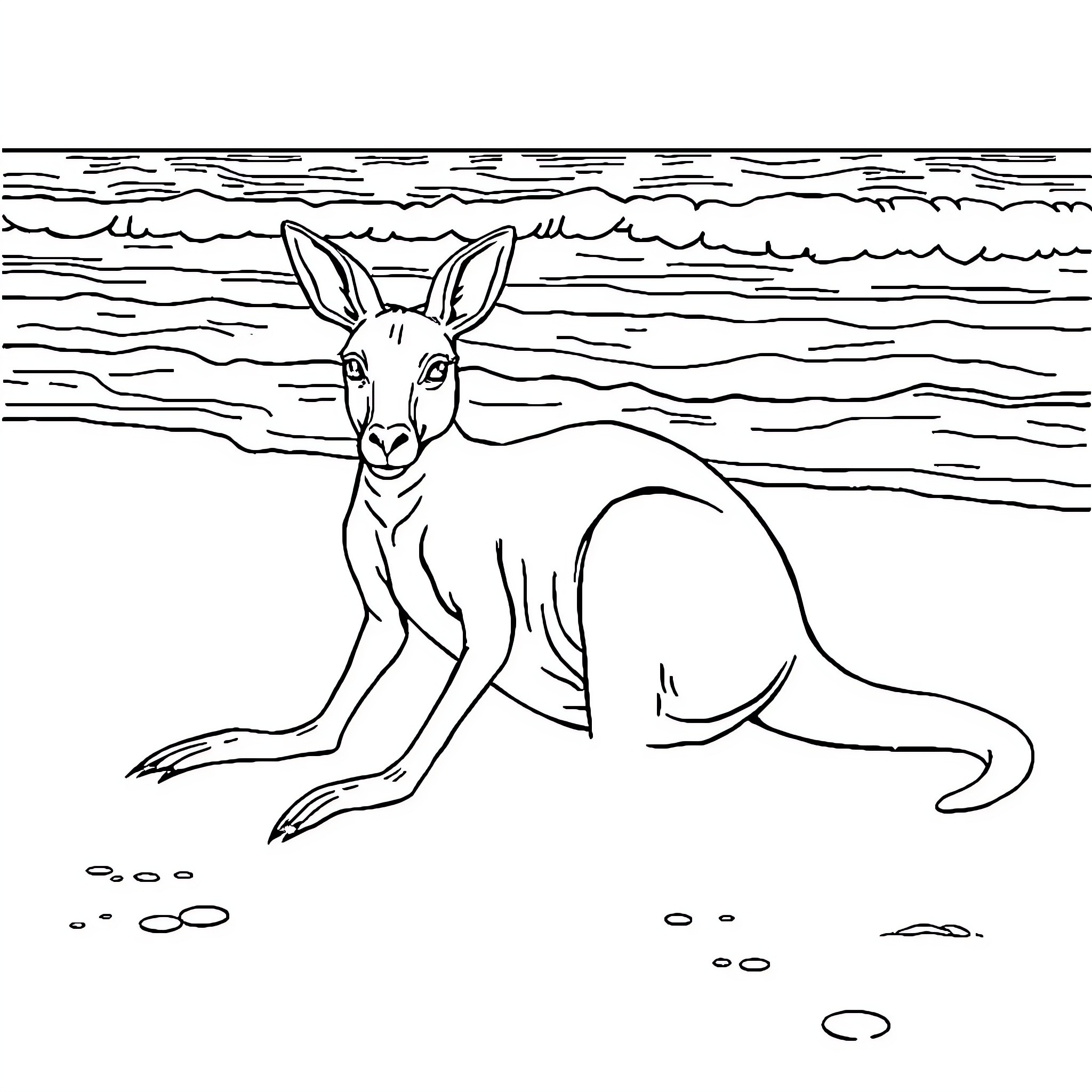 Kangaroo relaxing on the beach Coloring Page (free black-and-white line drawing printable PDF for all, from beginners to advanced learners, including children, teens, adults, and seniors)