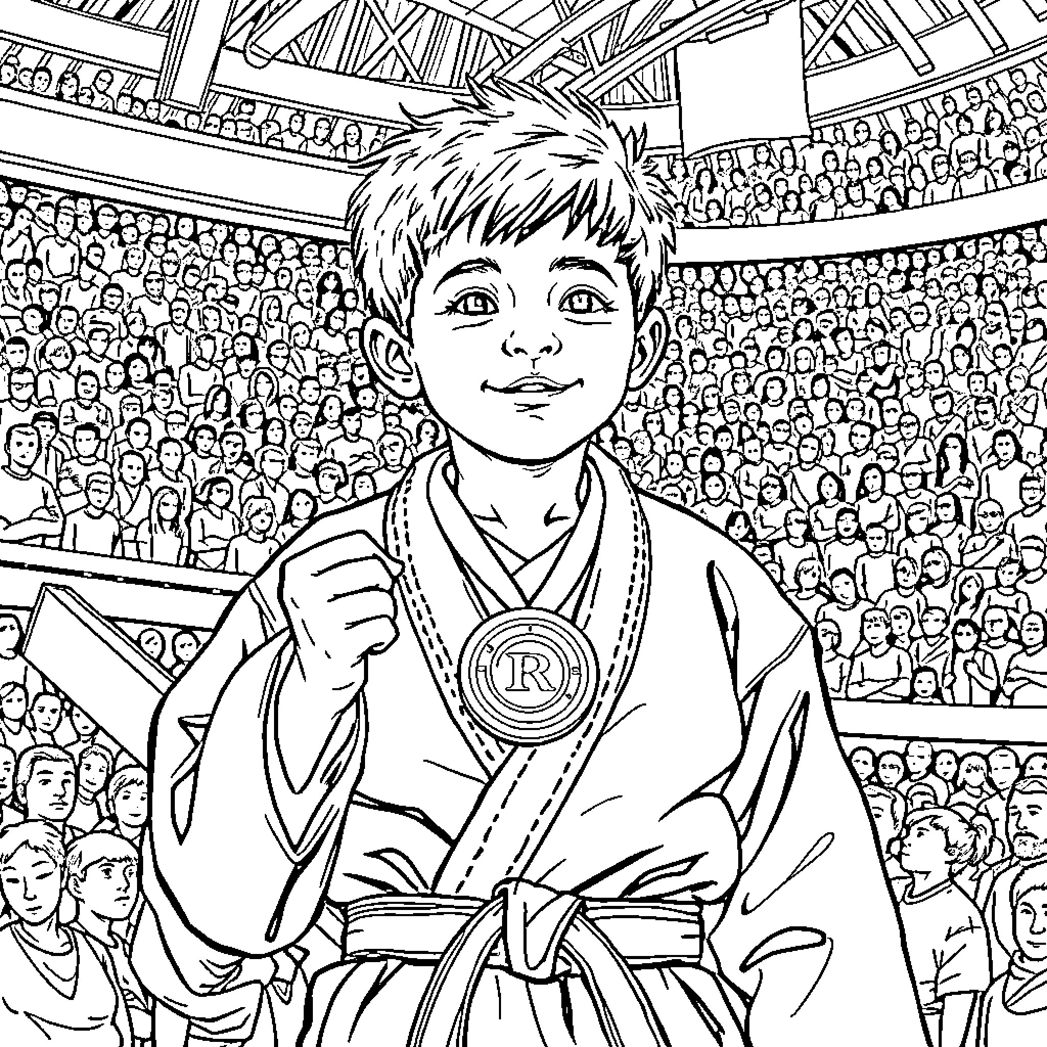 Niño Celebrating Martial Arts Victory in Stadium Coloring Page (free black-and-white line drawing printable PDF for all, from beginners to advanced learners, including children, teens, adults, and seniors)