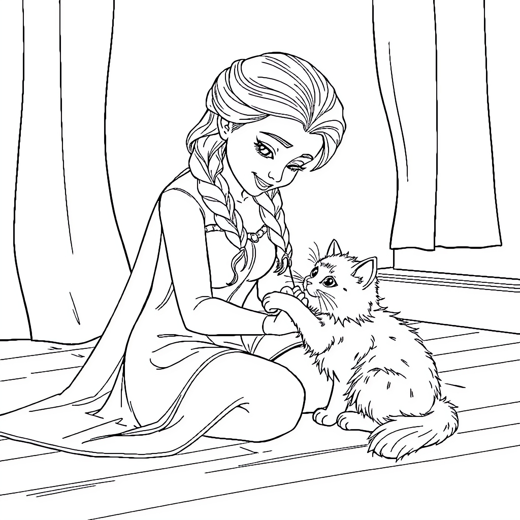 Elsa's Peaceful Moment with a Furry Friend Coloring Page (free black-and-white line drawing printable PDF for all, from beginners to advanced learners, including children, teens, adults, and seniors)