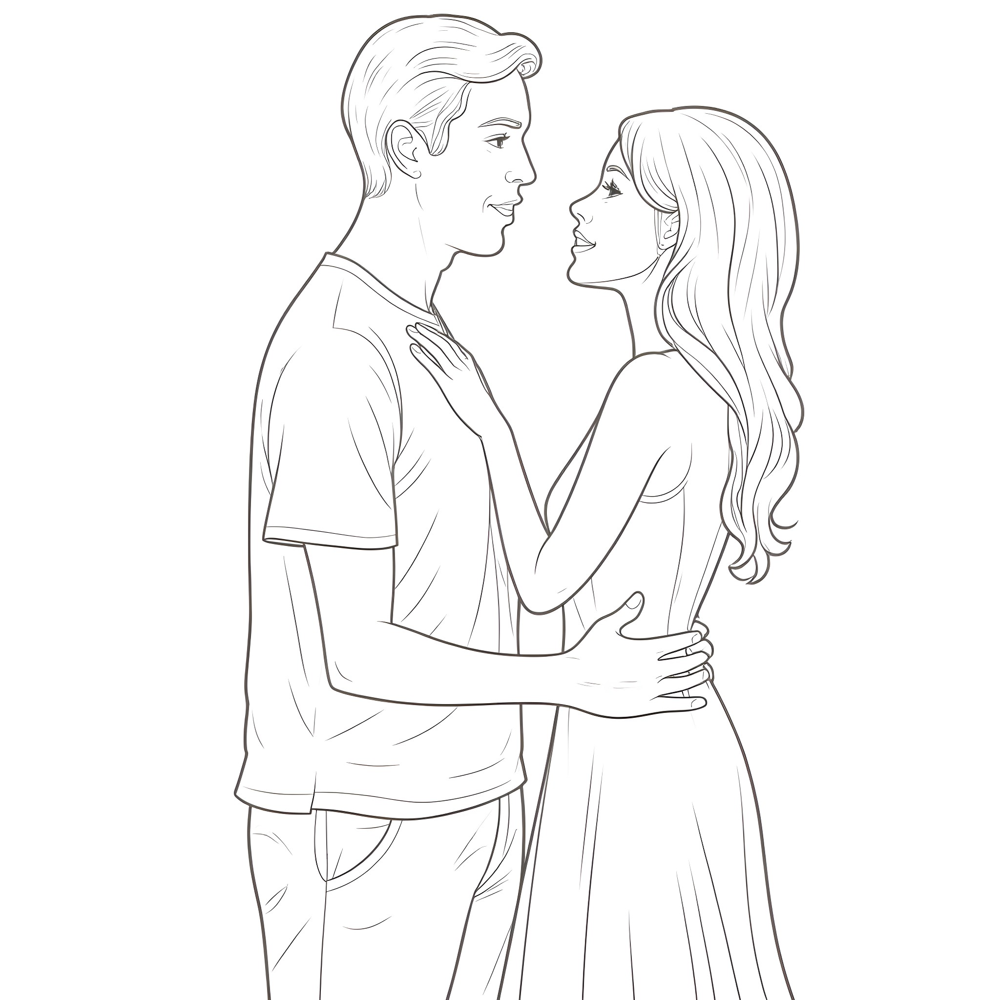 Wife embracing husband affectionately Coloring Page (free black-and-white line drawing printable PDF for all, from beginners to advanced learners, including children, teens, adults, and seniors)