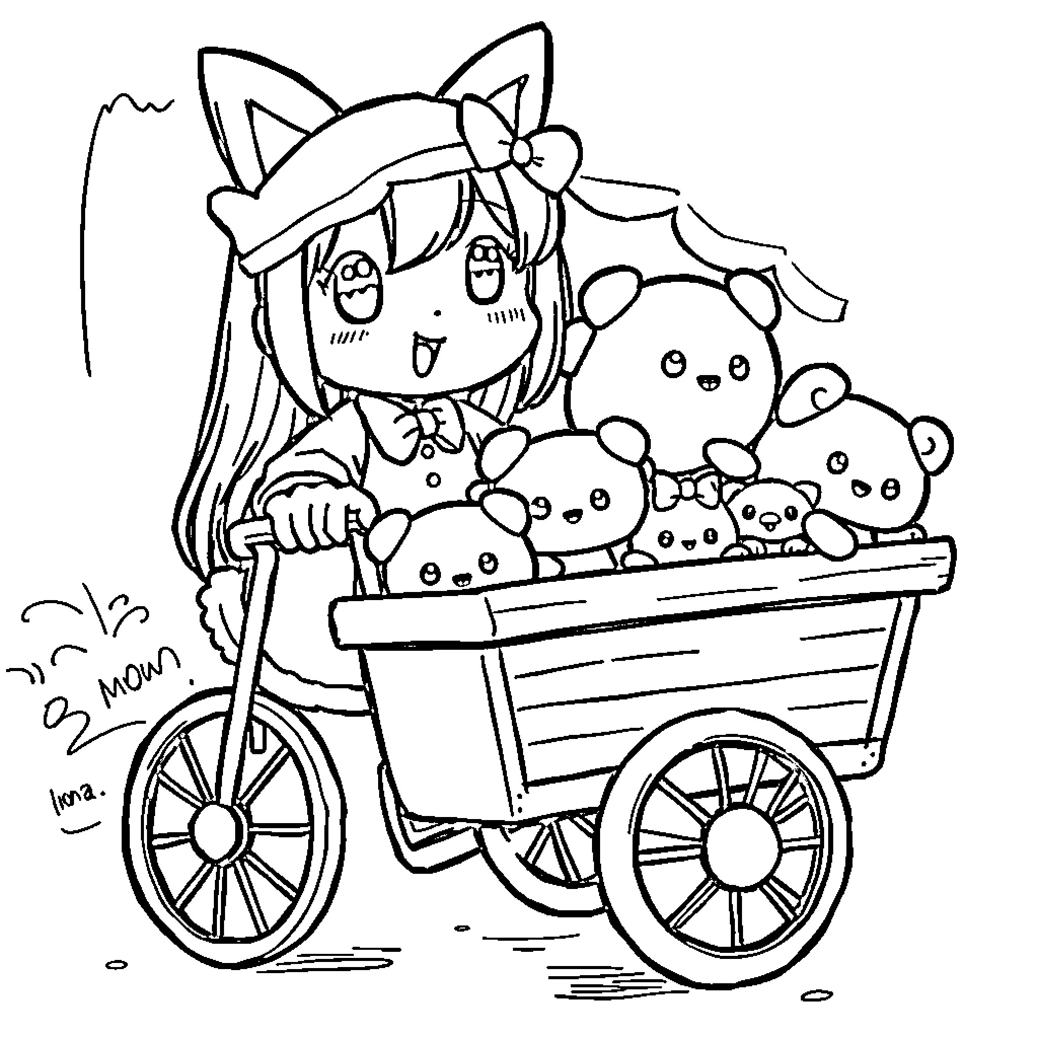 Kuromi riding a wagon filled with cute plushies Coloring Page (free black-and-white line drawing printable PDF for all, from beginners to advanced learners, including children, teens, adults, and seniors)