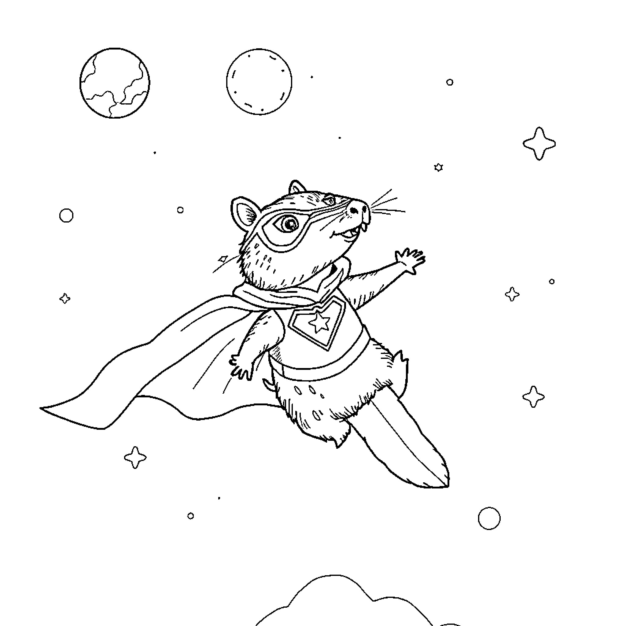 Capibara superhero flying through space Coloring Page (free black-and-white line drawing printable PDF for all, from beginners to advanced learners, including children, teens, adults, and seniors)