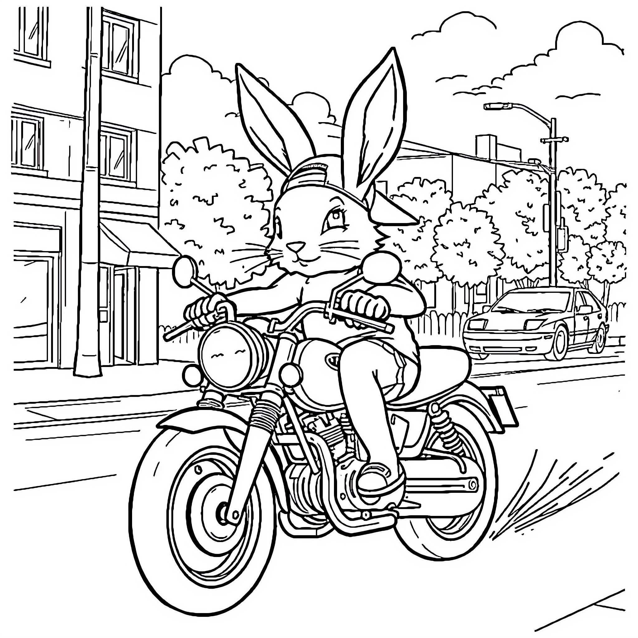 Rabbit riding a motorcycle in the city Coloring Page (free black-and-white line drawing printable PDF for all, from beginners to advanced learners, including children, teens, adults, and seniors)