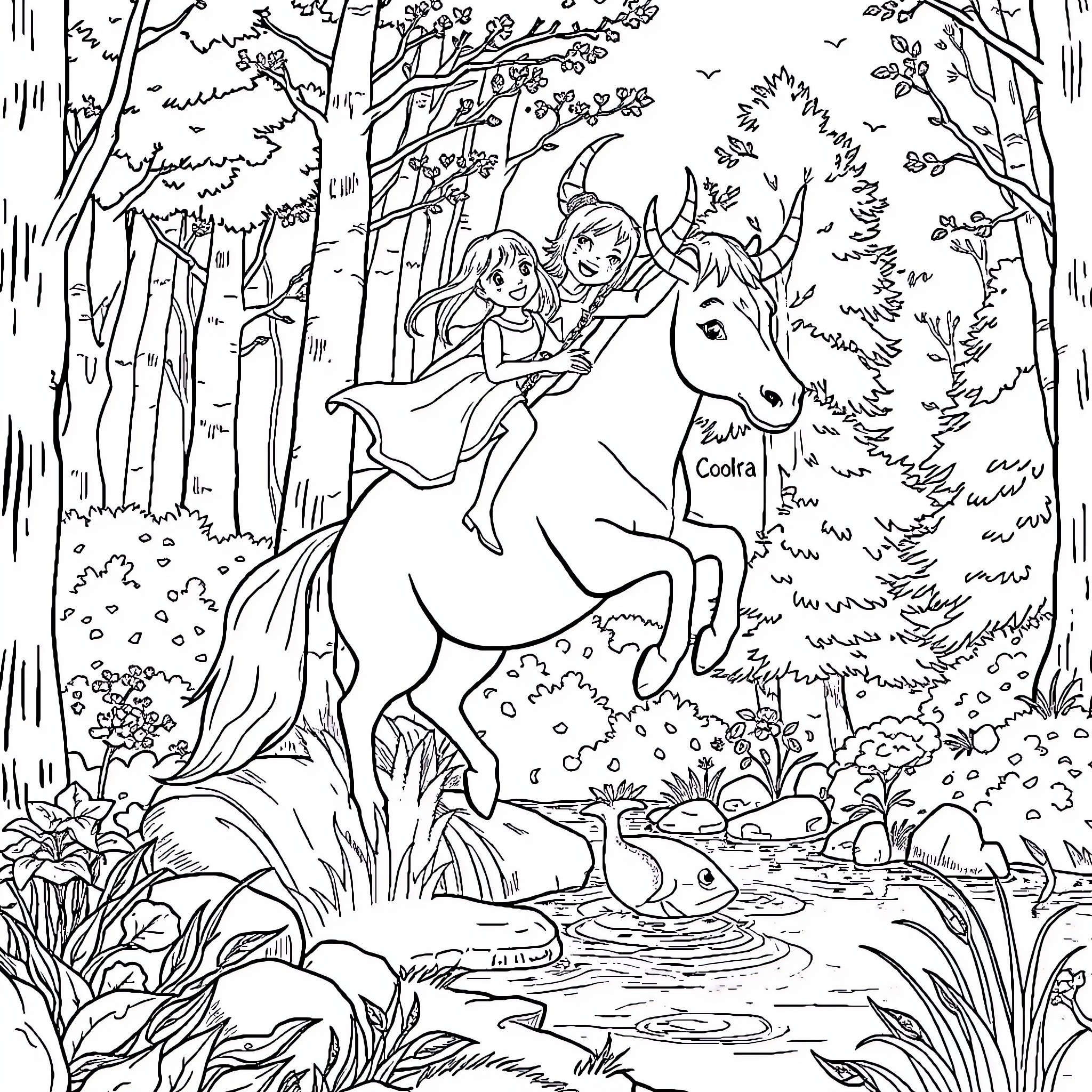 Einhorn's magical journey through the enchanted forest Coloring Page (free black-and-white line drawing printable PDF for all, from beginners to advanced learners, including children, teens, adults, and seniors)