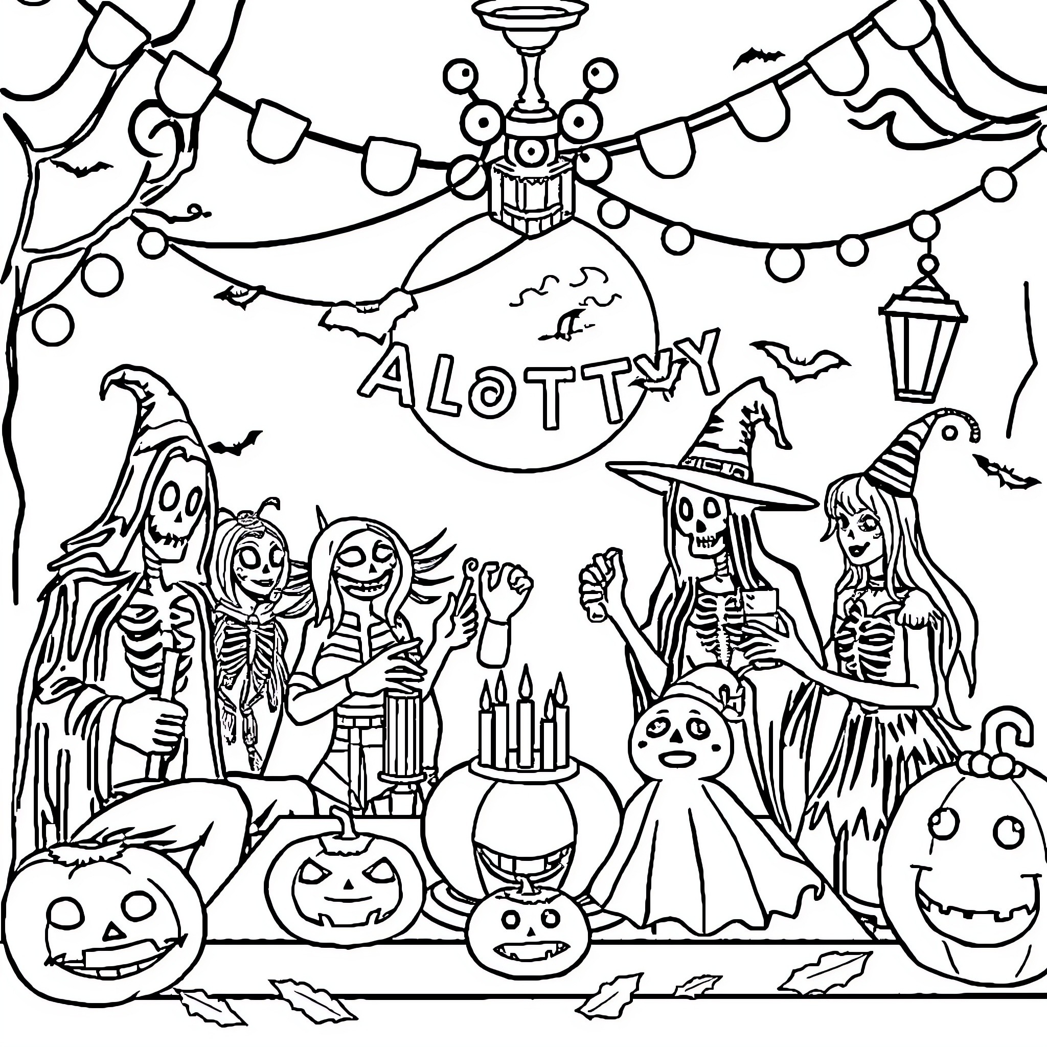 Halloween Festive Celebration with Costumed Characters Coloring Page (free black-and-white line drawing printable PDF for all, from beginners to advanced learners, including children, teens, adults, and seniors)