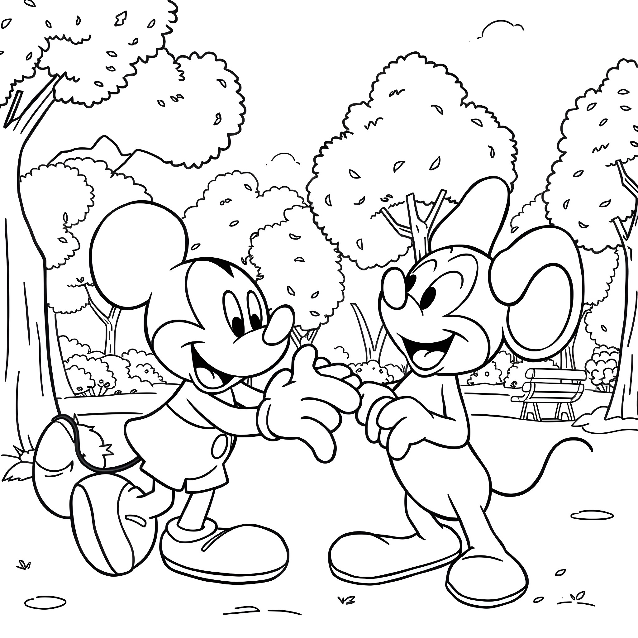 Mickey Mouse and friend explore the nature park Coloring Page (free black-and-white line drawing printable PDF for all, from beginners to advanced learners, including children, teens, adults, and seniors)