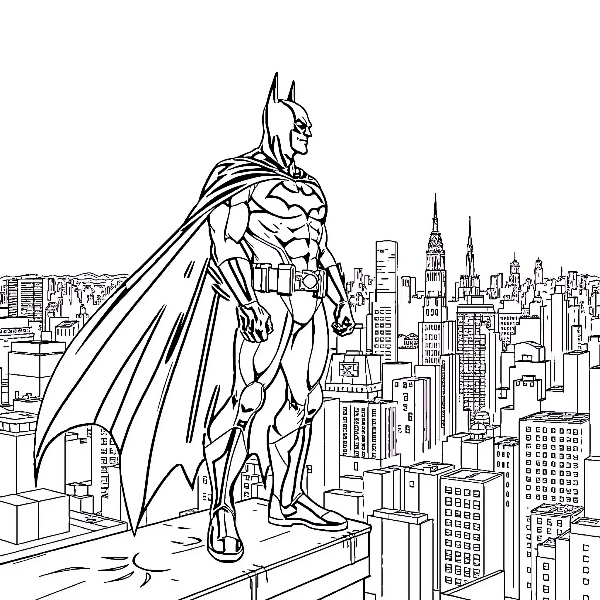 Batman overlooking the Gotham City skyline Coloring Page (free black-and-white line drawing printable PDF for all, from beginners to advanced learners, including children, teens, adults, and seniors)