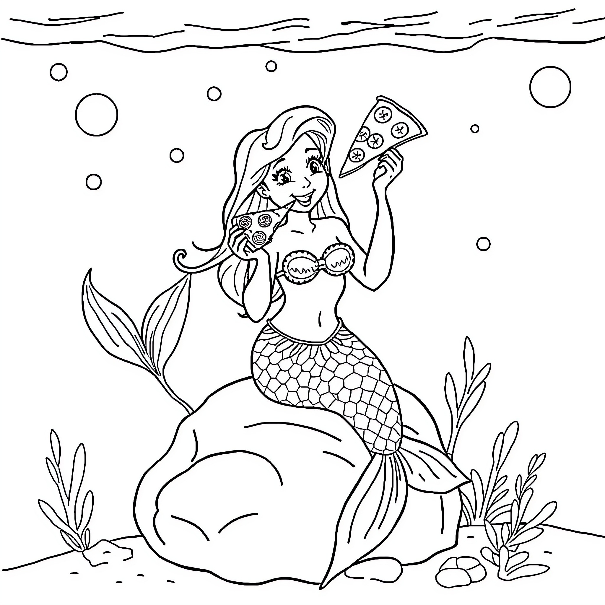 Mermaid enjoying a pizza underwater Coloring Page (free black-and-white line drawing printable PDF for all, from beginners to advanced learners, including children, teens, adults, and seniors)