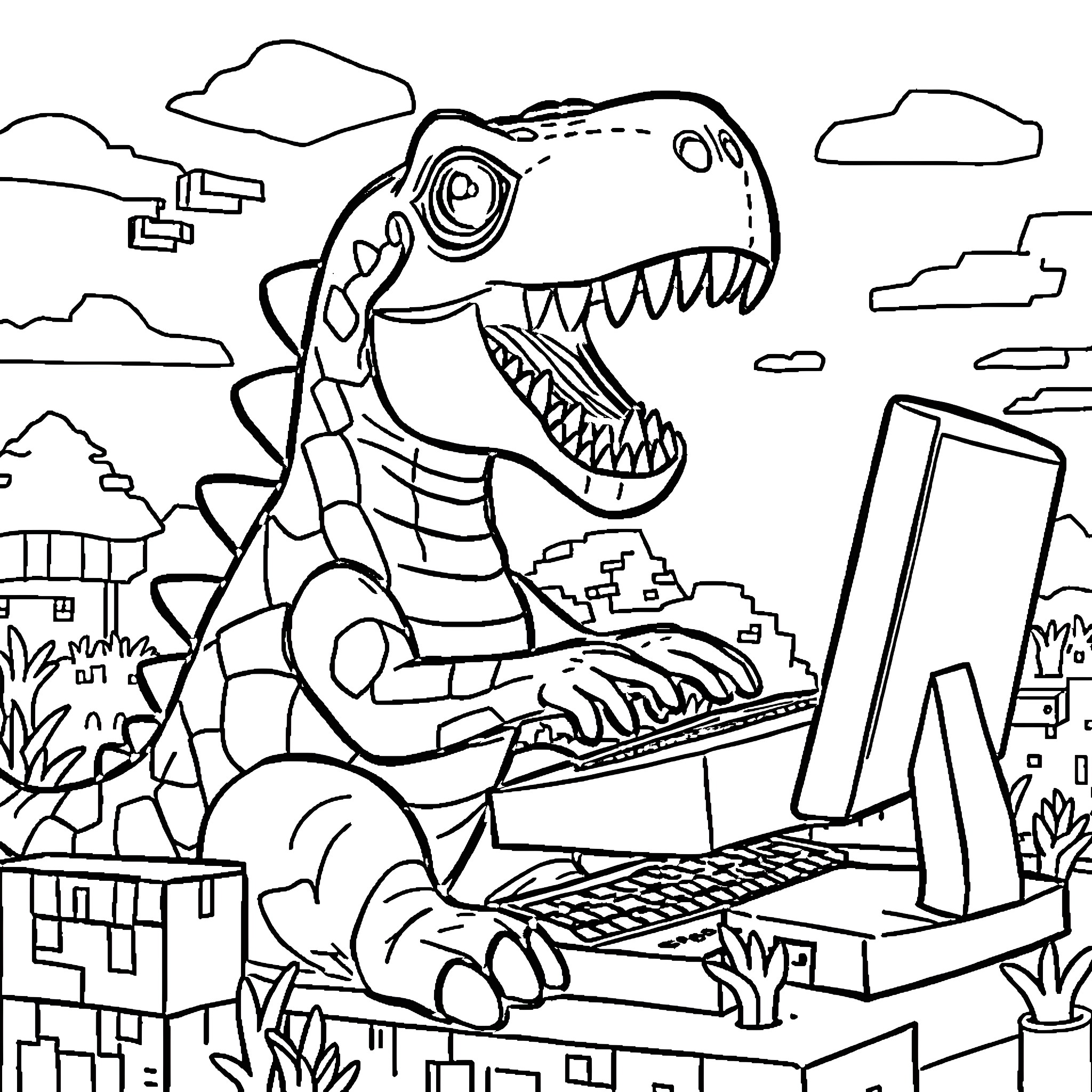 Dinosaur using computer in a cityscape Coloring Page (free black-and-white line drawing printable PDF for all, from beginners to advanced learners, including children, teens, adults, and seniors)