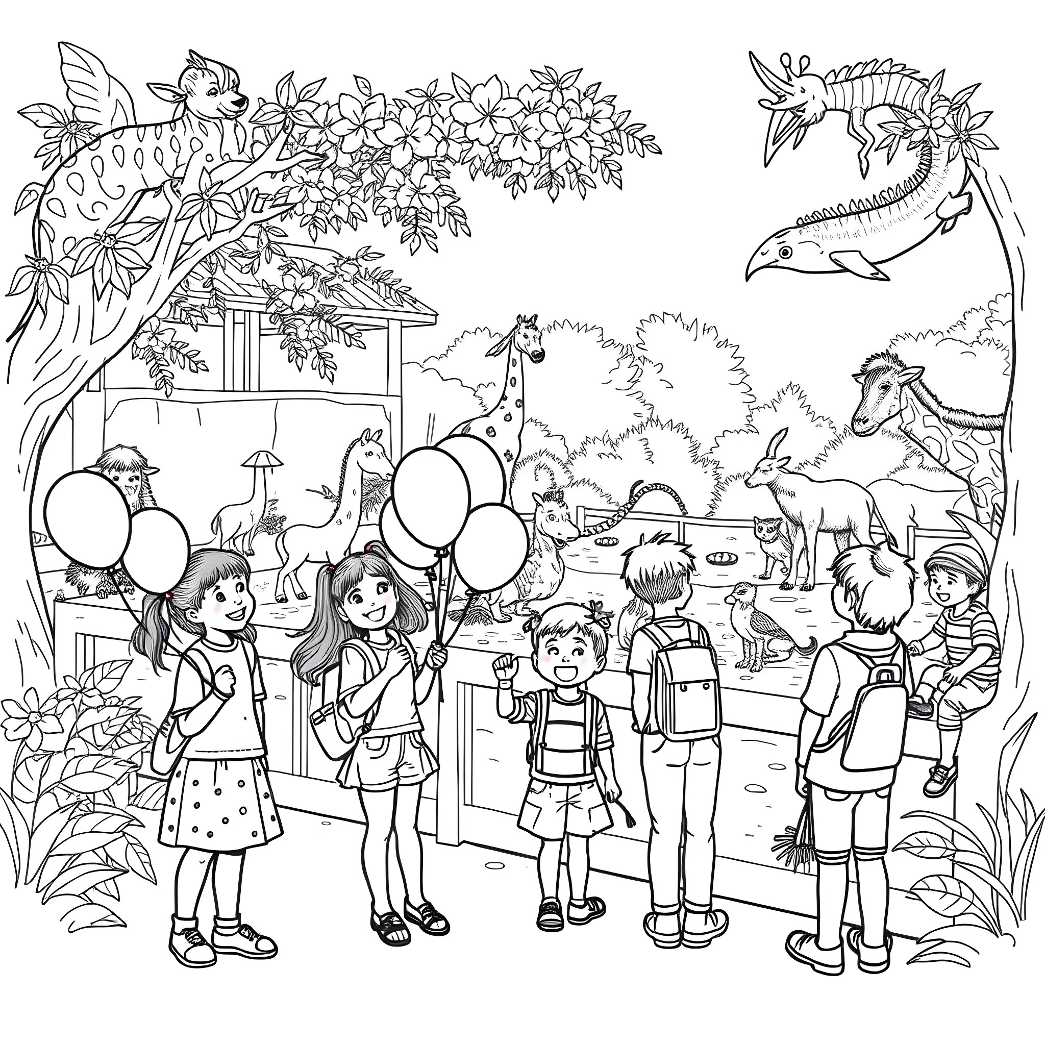 Zoo Visitor Exploring the Vibrant Animal Kingdom Coloring Page (free black-and-white line drawing printable PDF for all, from beginners to advanced learners, including children, teens, adults, and seniors)