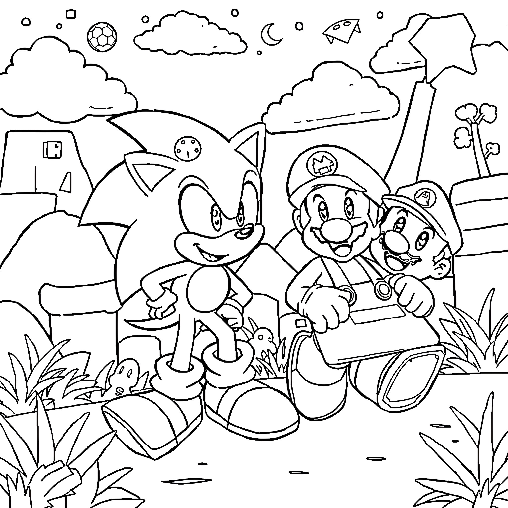 Sonic and Mario exploring the outdoors together Coloring Page (free black-and-white line drawing printable PDF for all, from beginners to advanced learners, including children, teens, adults, and seniors)
