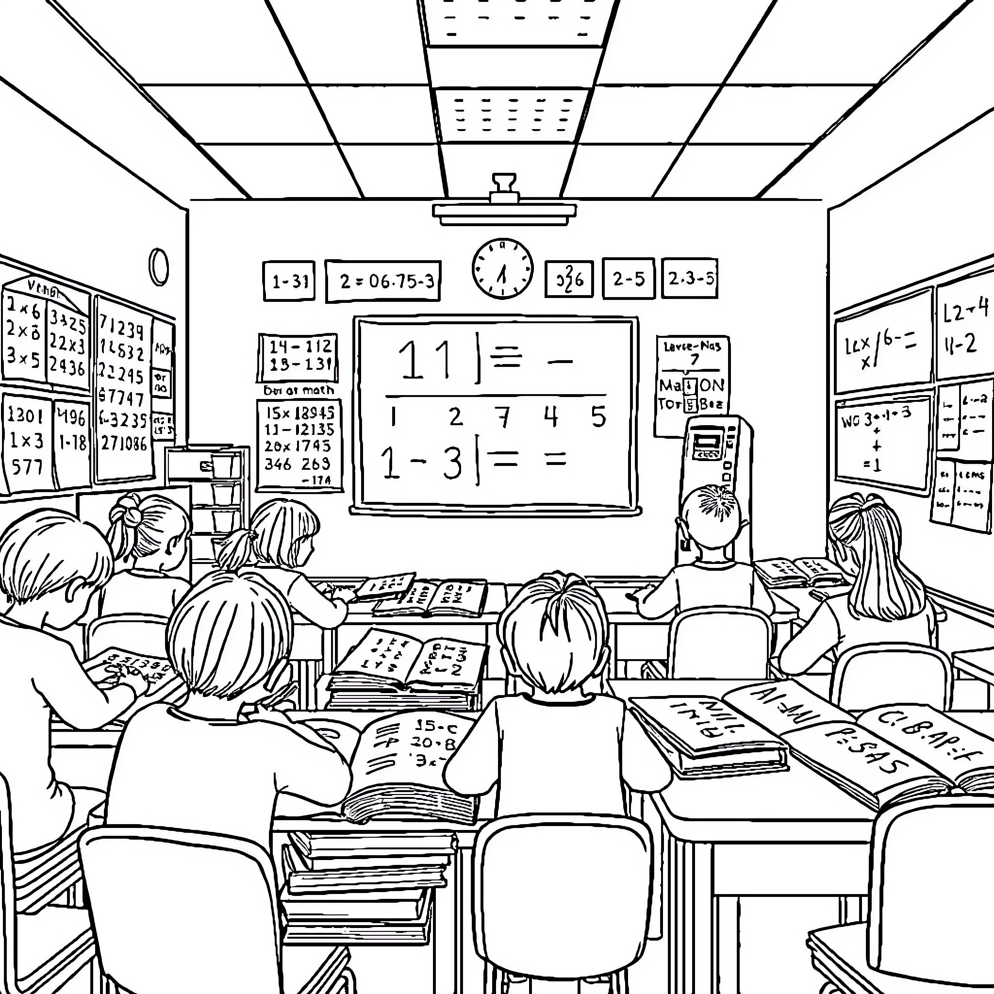 Mathematics Classroom: Students Engaged in Studies Coloring Page (free black-and-white line drawing printable PDF for all, from beginners to advanced learners, including children, teens, adults, and seniors)