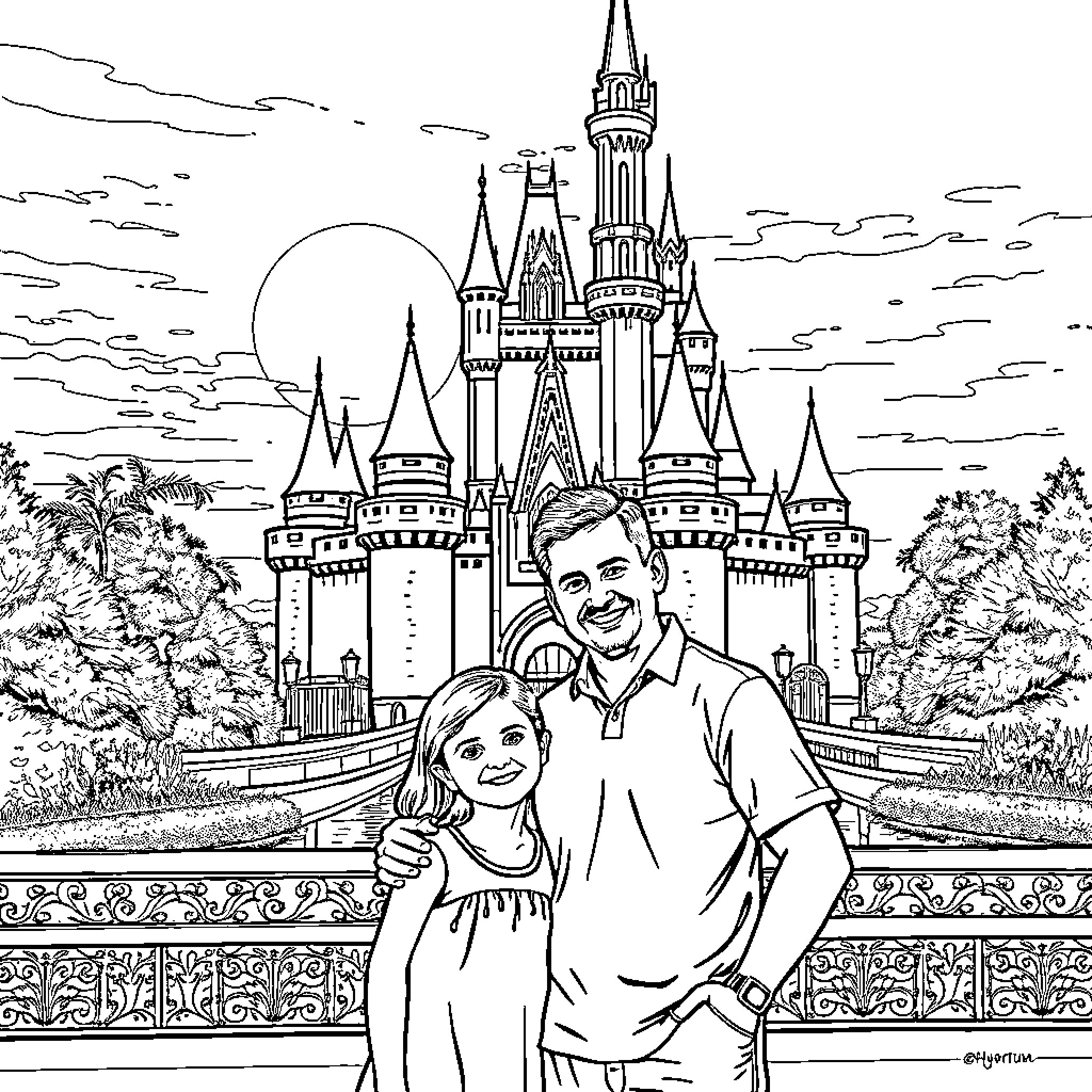 Castle with a family posing in front Coloring Page (free black-and-white line drawing printable PDF for all, from beginners to advanced learners, including children, teens, adults, and seniors)