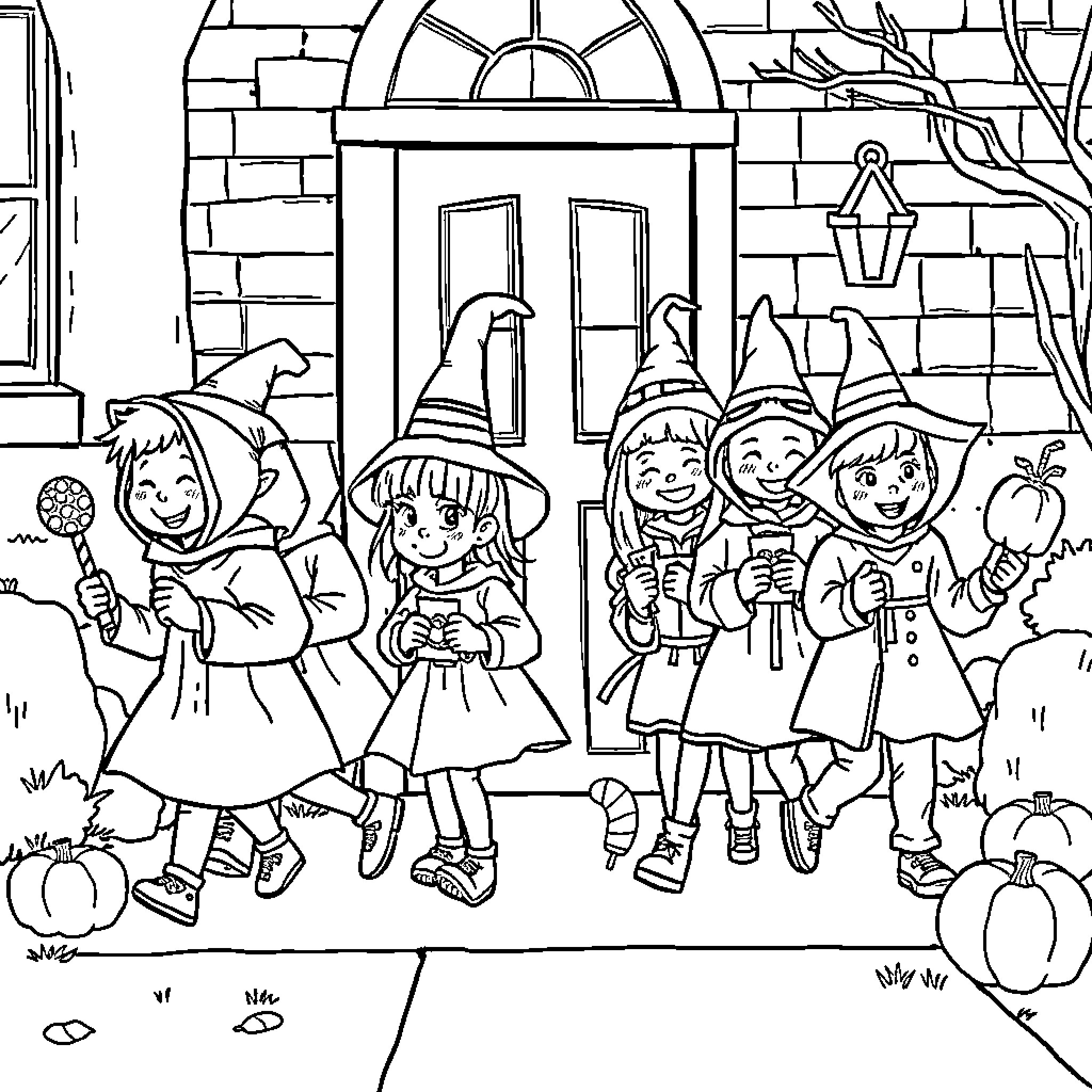 Children in Halloween costumes trick-or-treating Coloring Page (free black-and-white line drawing printable PDF for all, from beginners to advanced learners, including children, teens, adults, and seniors)