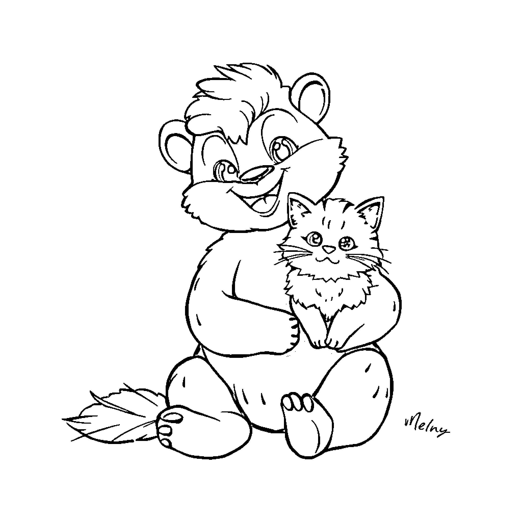 Labubu's Playful Encounter with a Feline Friend Coloring Page (free black-and-white line drawing printable PDF for all, from beginners to advanced learners, including children, teens, adults, and seniors)