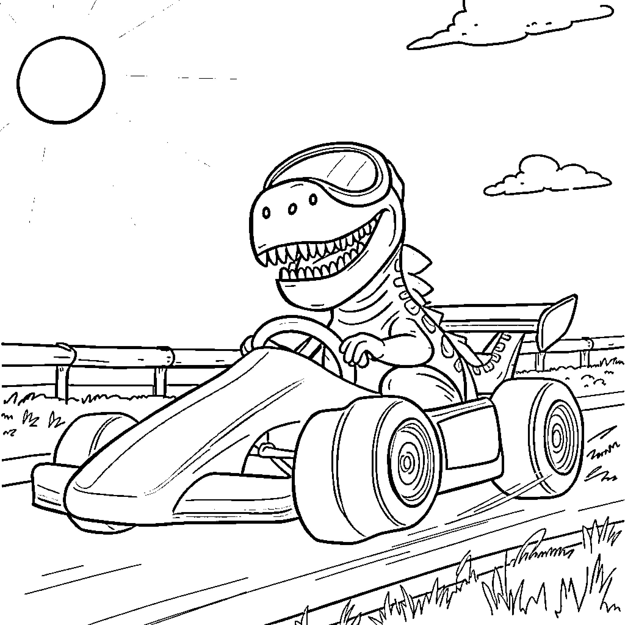 Dinosaur Racing in the Desert Coloring Page (free black-and-white line drawing printable PDF for all, from beginners to advanced learners, including children, teens, adults, and seniors)
