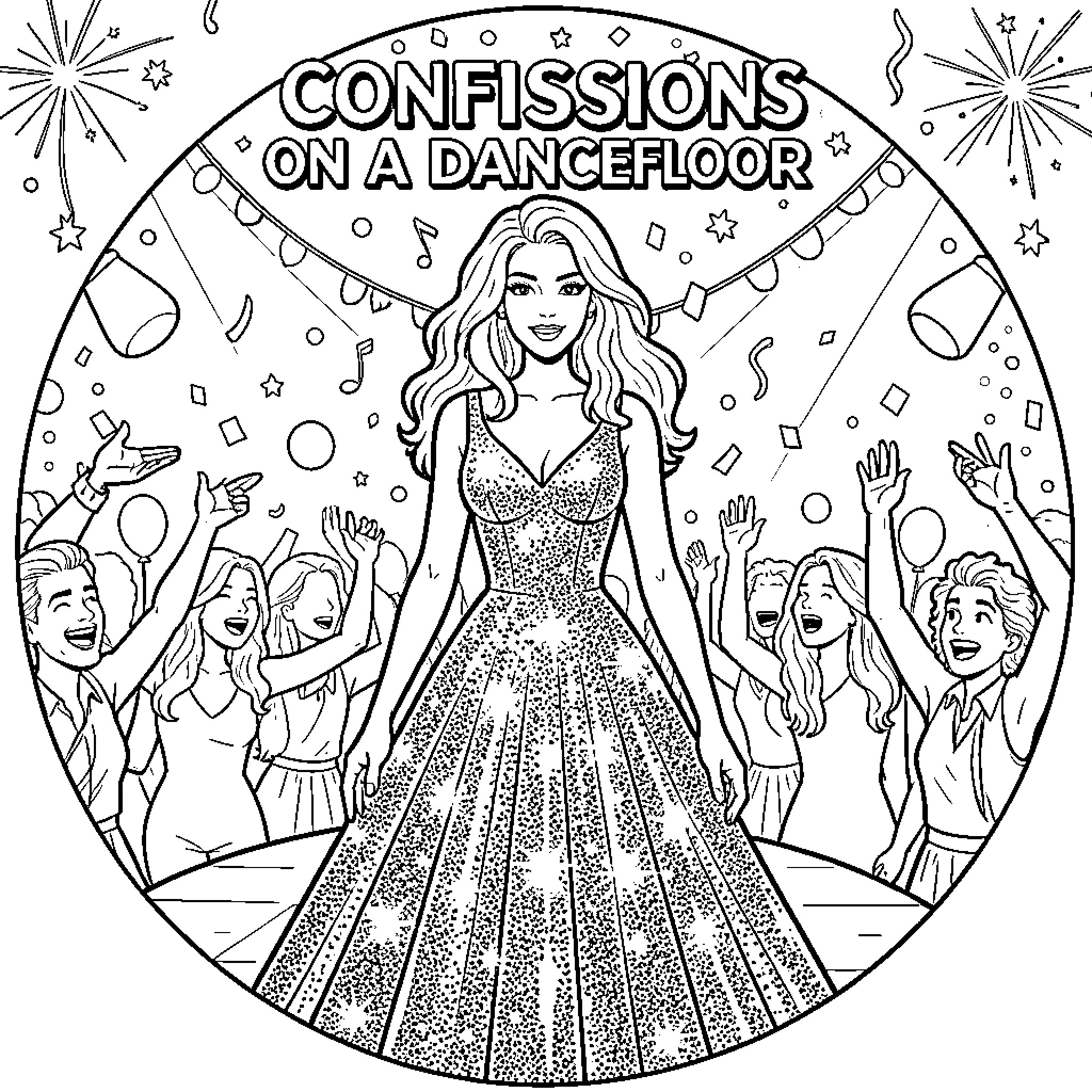 Madonna's Confessions on a Dancefloor Coloring Page (free black-and-white line drawing printable PDF for all, from beginners to advanced learners, including children, teens, adults, and seniors)
