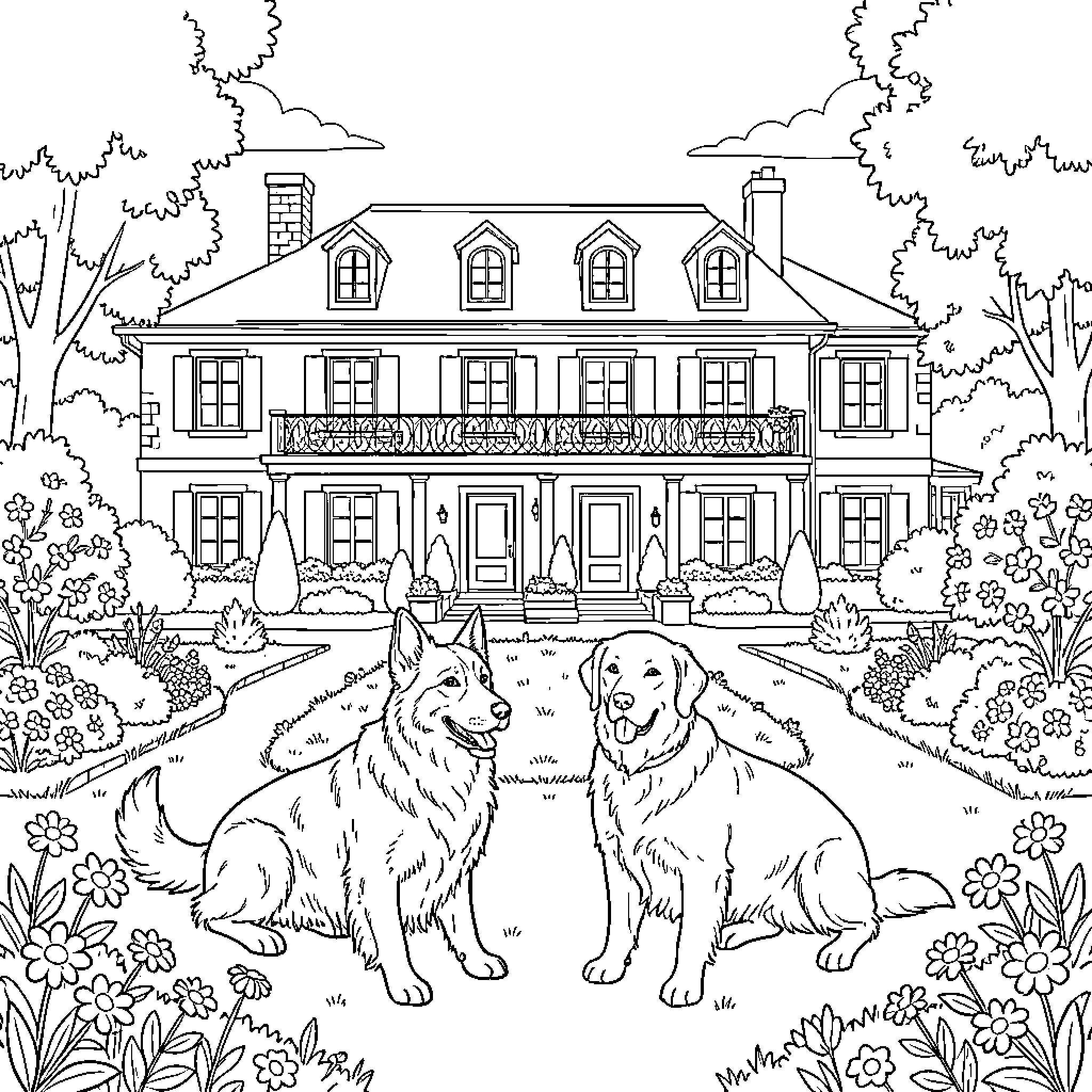 Dog sitting together in a beautiful garden Coloring Page (free black-and-white line drawing printable PDF for all, from beginners to advanced learners, including children, teens, adults, and seniors)