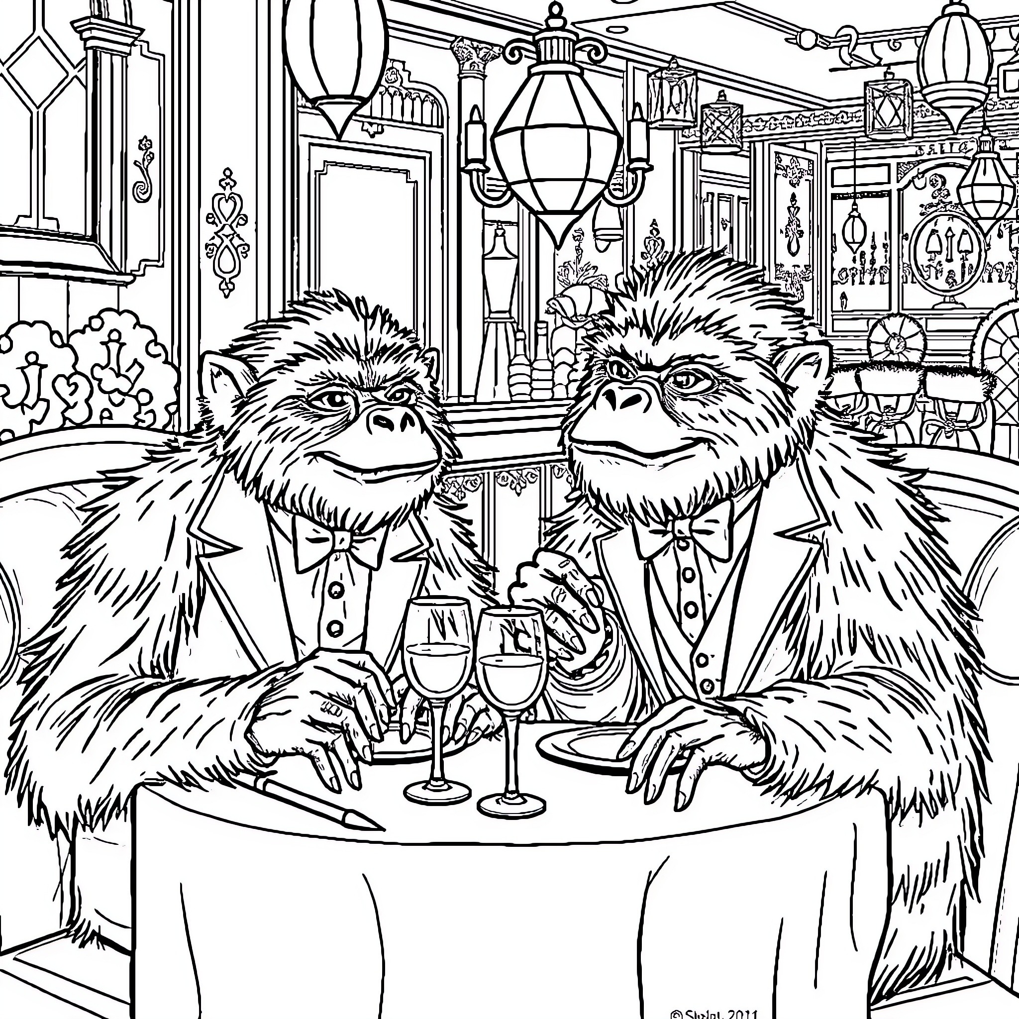 Sasquatch enjoying drinks together in a fancy setting Coloring Page (free black-and-white line drawing printable PDF for all, from beginners to advanced learners, including children, teens, adults, and seniors)