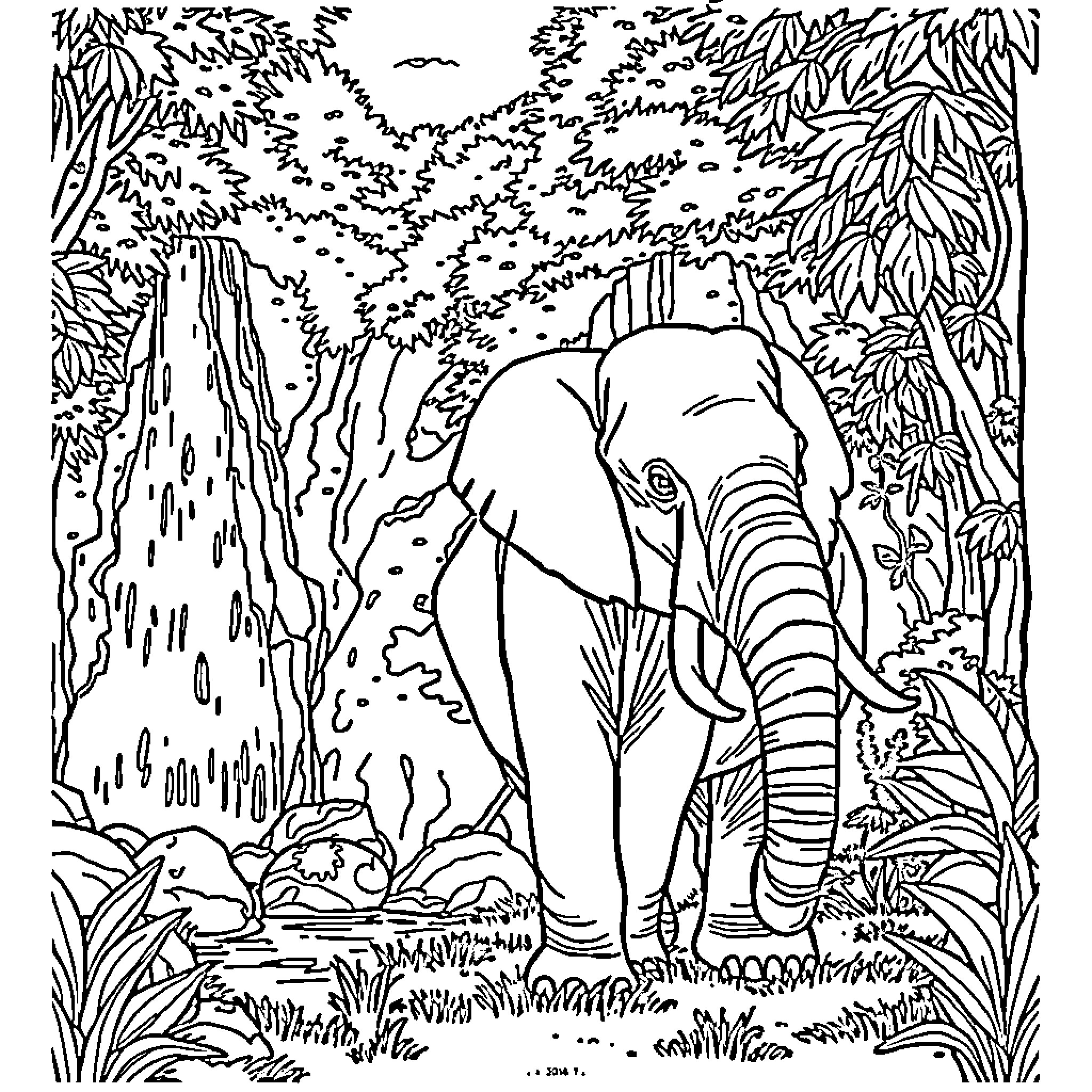 Elephant walking through lush jungle foliage Coloring Page (free black-and-white line drawing printable PDF for all, from beginners to advanced learners, including children, teens, adults, and seniors)