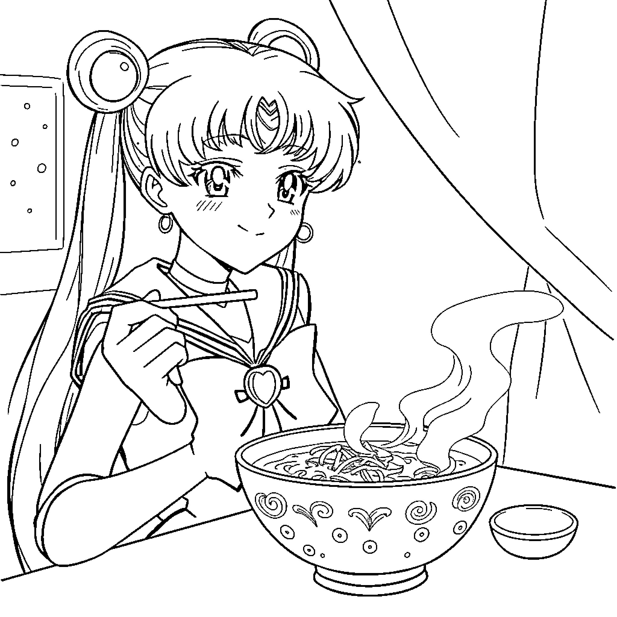 Sailor Moon enjoying a delightful meal Coloring Page (free black-and-white line drawing printable PDF for all, from beginners to advanced learners, including children, teens, adults, and seniors)