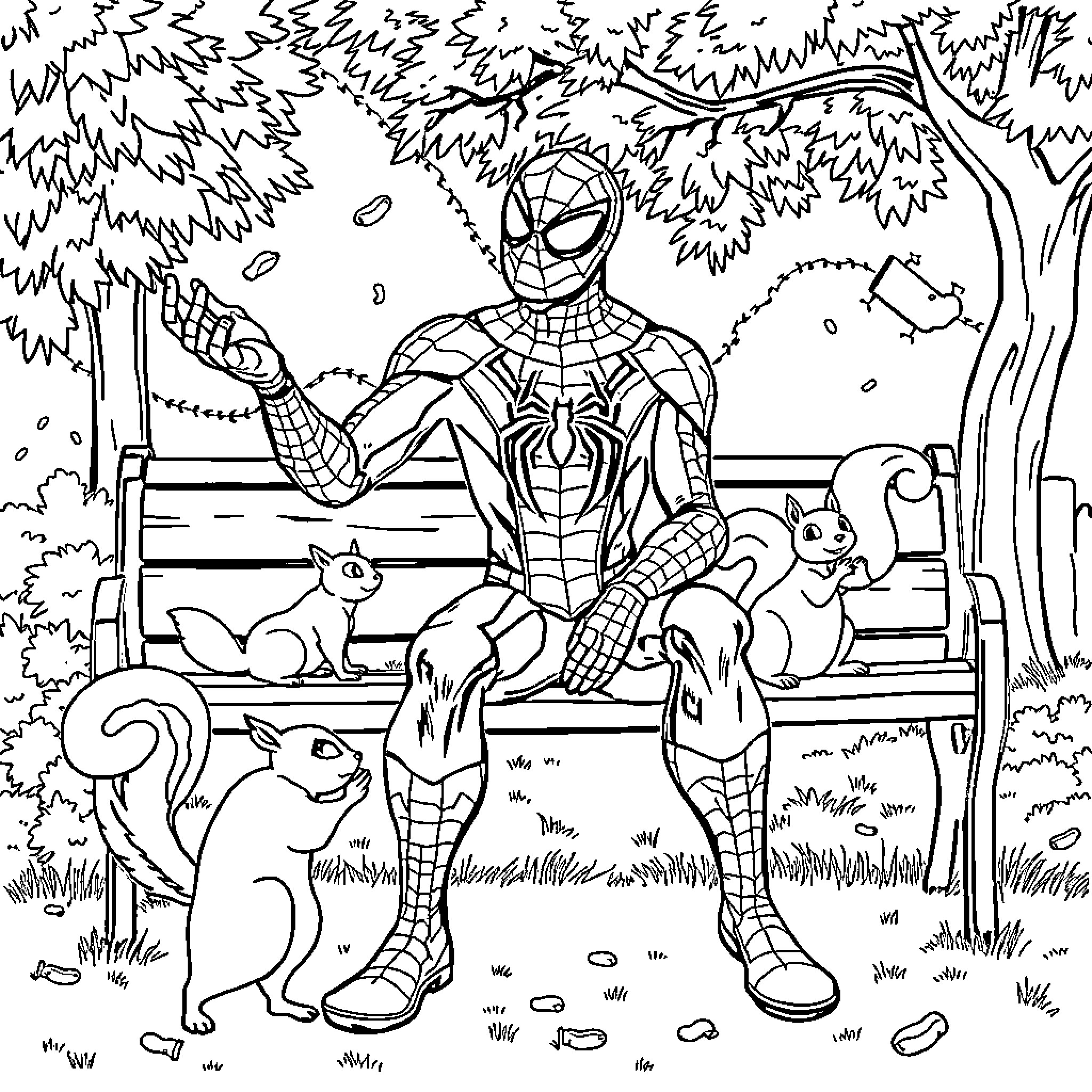 Spider-Man resting on a park bench surrounded by animals Coloring Page (free black-and-white line drawing printable PDF for all, from beginners to advanced learners, including children, teens, adults, and seniors)