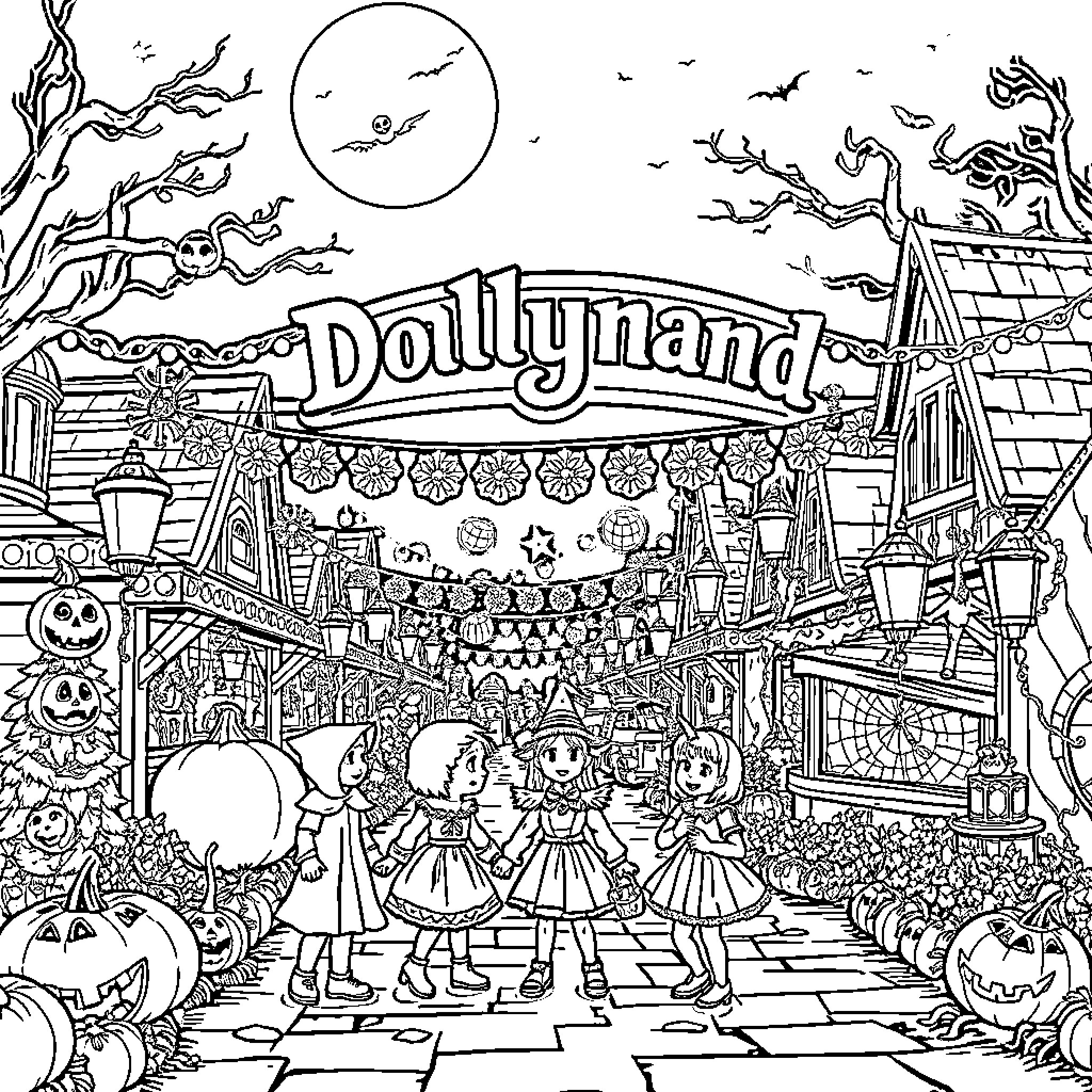 Halloween at the Lively Dollyland Carnival Coloring Page (free black-and-white line drawing printable PDF for all, from beginners to advanced learners, including children, teens, adults, and seniors)